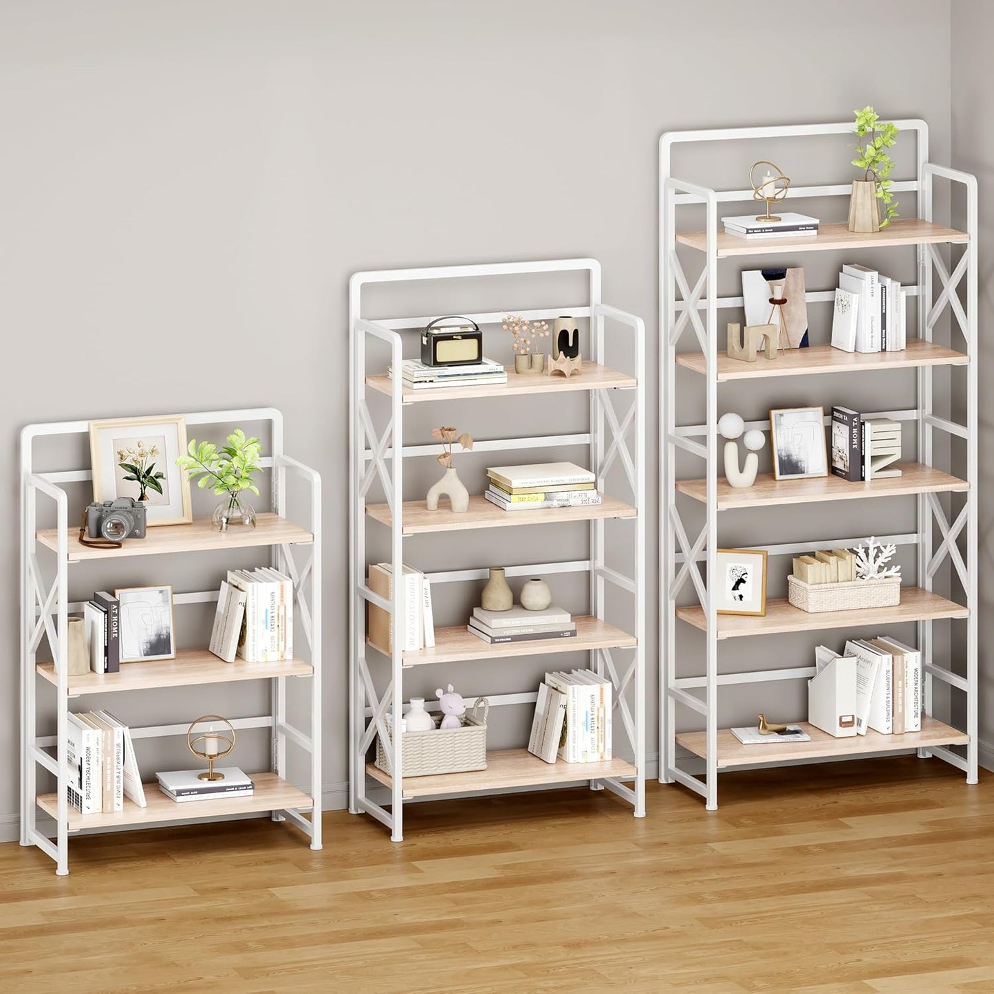 No Assembly Folding Bookshelf, 5 Tiers Vintage Wood Collapsible Book Shelf for Storage,Industrial Metal Foldable Bookcase Organizer for Living Room Bedroom Home Office (Beige)