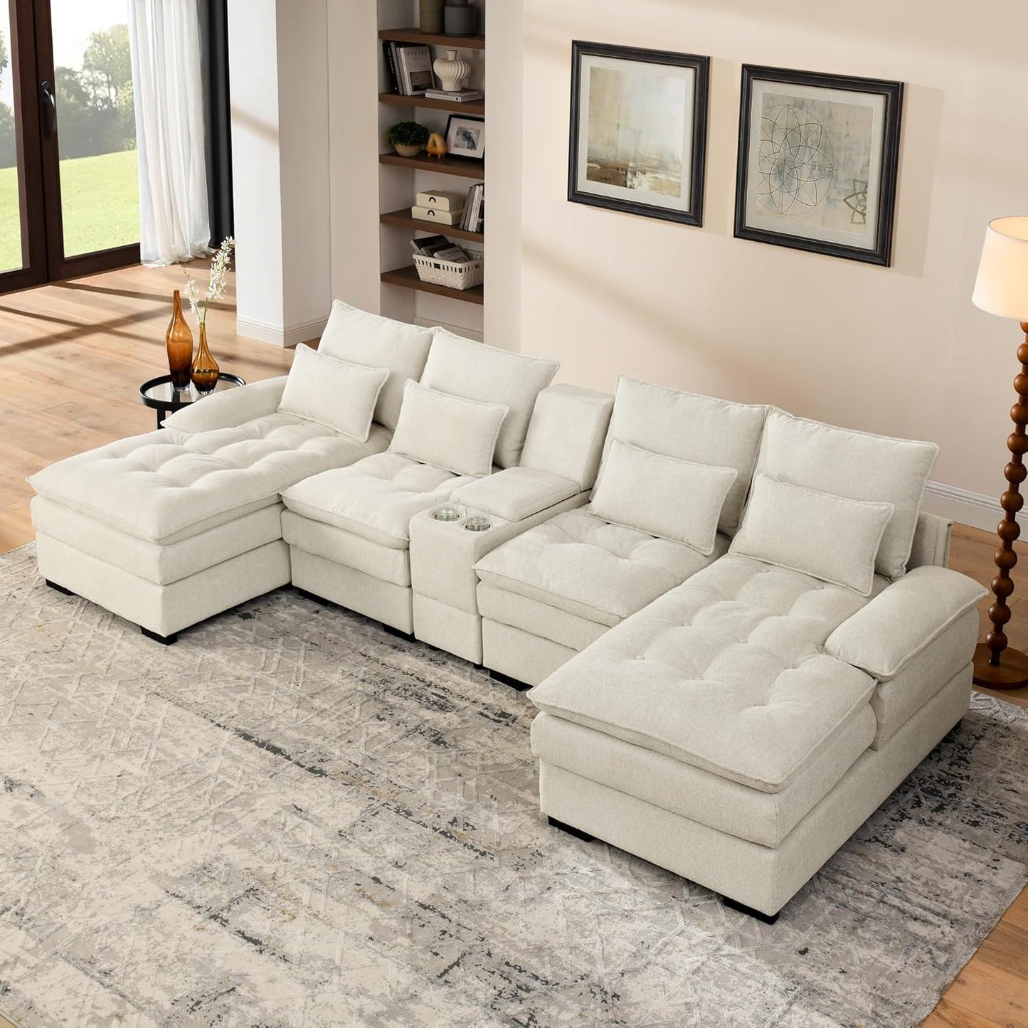 130" U-Shaped Sectional Sofa with Storage Console & Cup Holders, Upholstered 6 Seat Living Room Sleeper Couch Furniture Set w/Chaise, Cloud Cushion Couch for Home, Office, Apartment,Beige