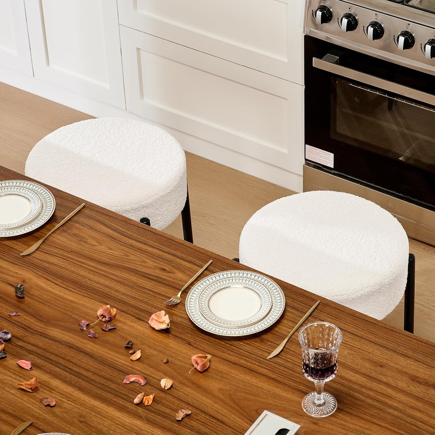 Dining Chairs Set of 2, 23.6" Backless Kitchen Living Room Chair,Mid Century Modern Chairs with Round Soft White Boucle Padded & Solid Metal Legs