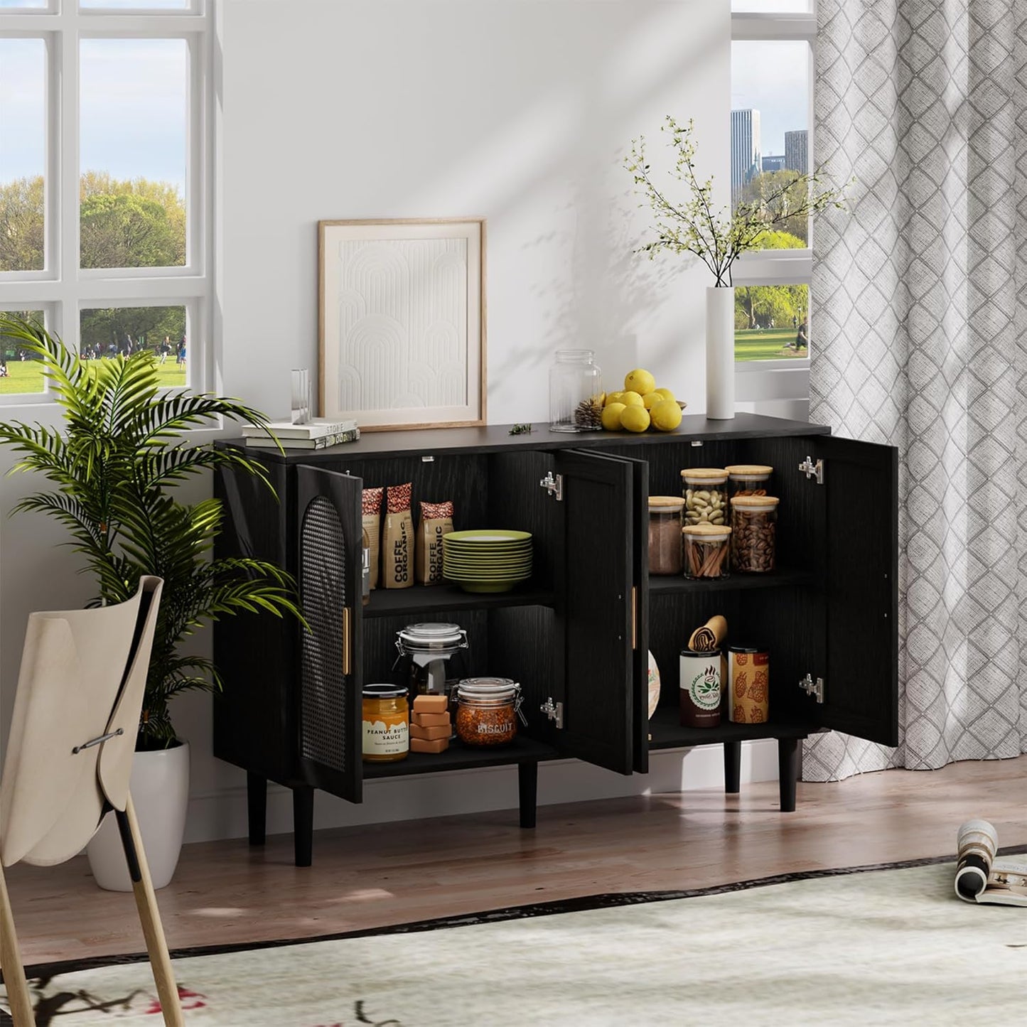 Rattan Cabinet, Mid-Century Modern Buffet Cabinet with 4 Rattan Doors, Black, 47x14x30 inch, Kitchen Sideboard