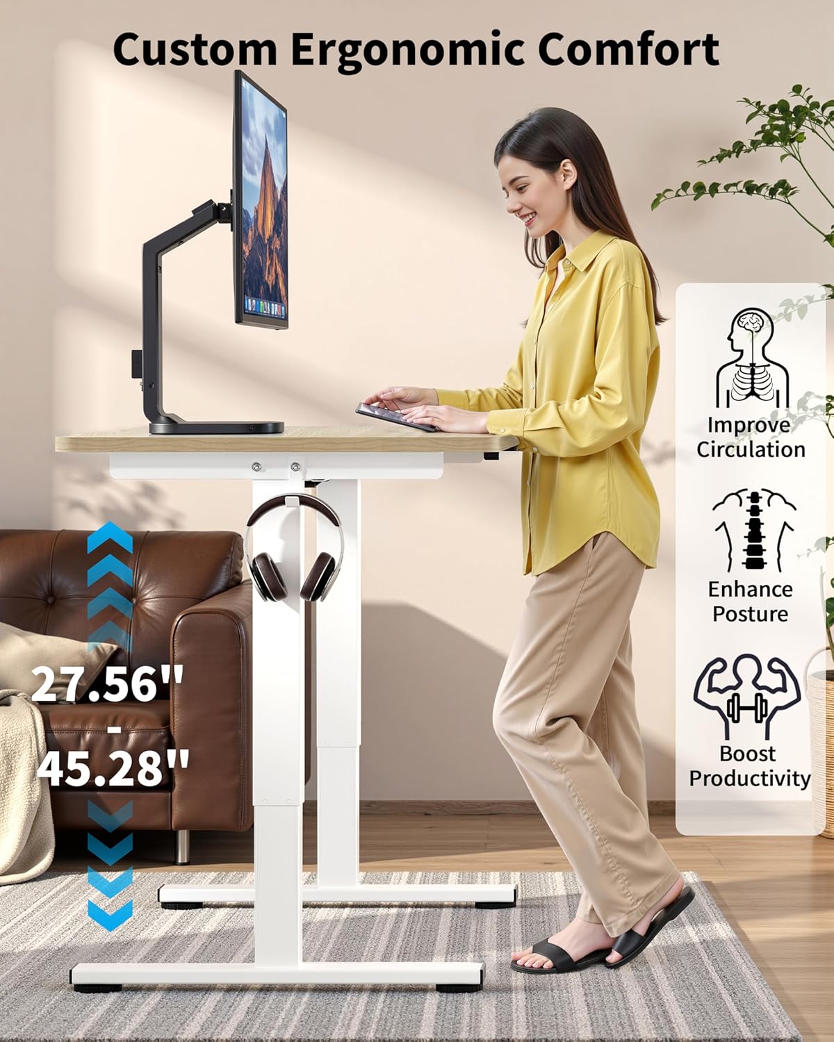 Okin Small Electric Standing Desk, 36" x 24" Whole Piece Height Adjustable Desk, Oak Sit to Stand Computer Workstation for Home Office