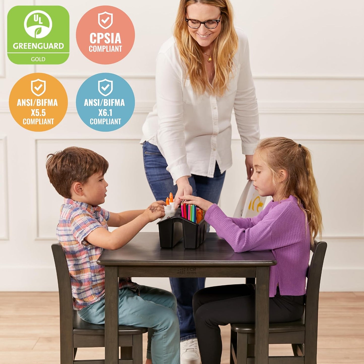 ECR4Kids 24in x 24in Hardwood Table and Chair Set, 12in Seat Height, Kids Furniture, Grey Wash