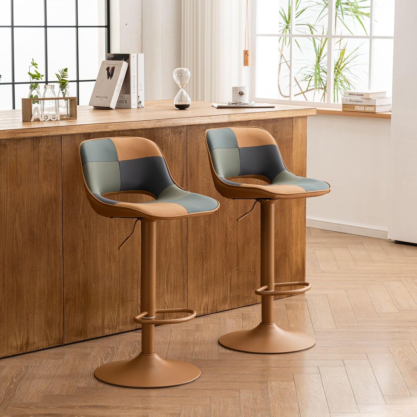 YOUNIKE Bar Stools Set of 2, Boho Colorful Patchwork Barstools, Adjustable Swivel Counter Height Bar Stool Faux Leather Upholstered Barstool with Back, Compact Bar Chair for Kitchen Island, TanGreen