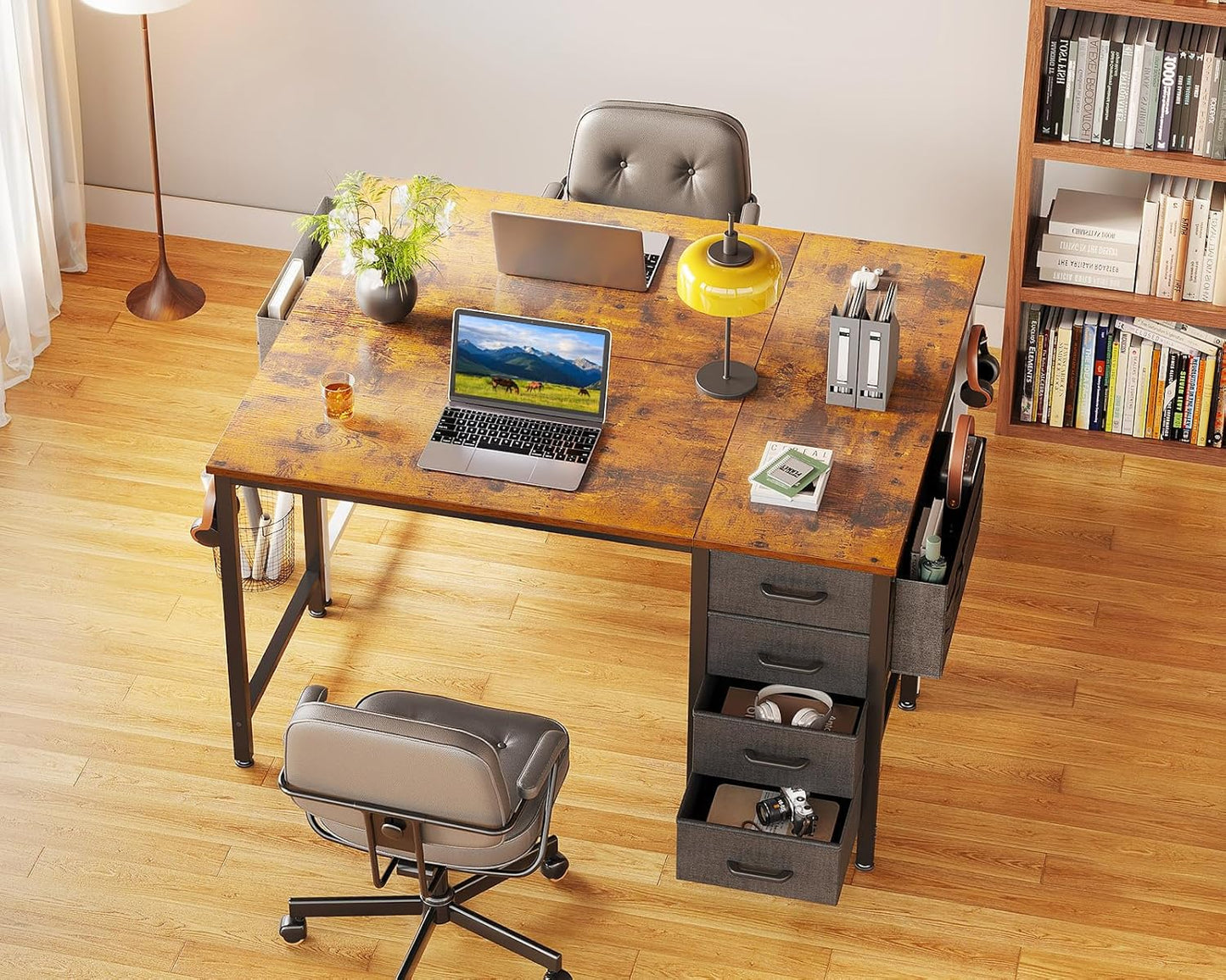 Casaottima 40-Inch Small Desk with 4 Fabric Drawers, Compact Study Desk for Students and Kids, Space-Saving Work Table for Bedroom or Small Spaces, Vintage