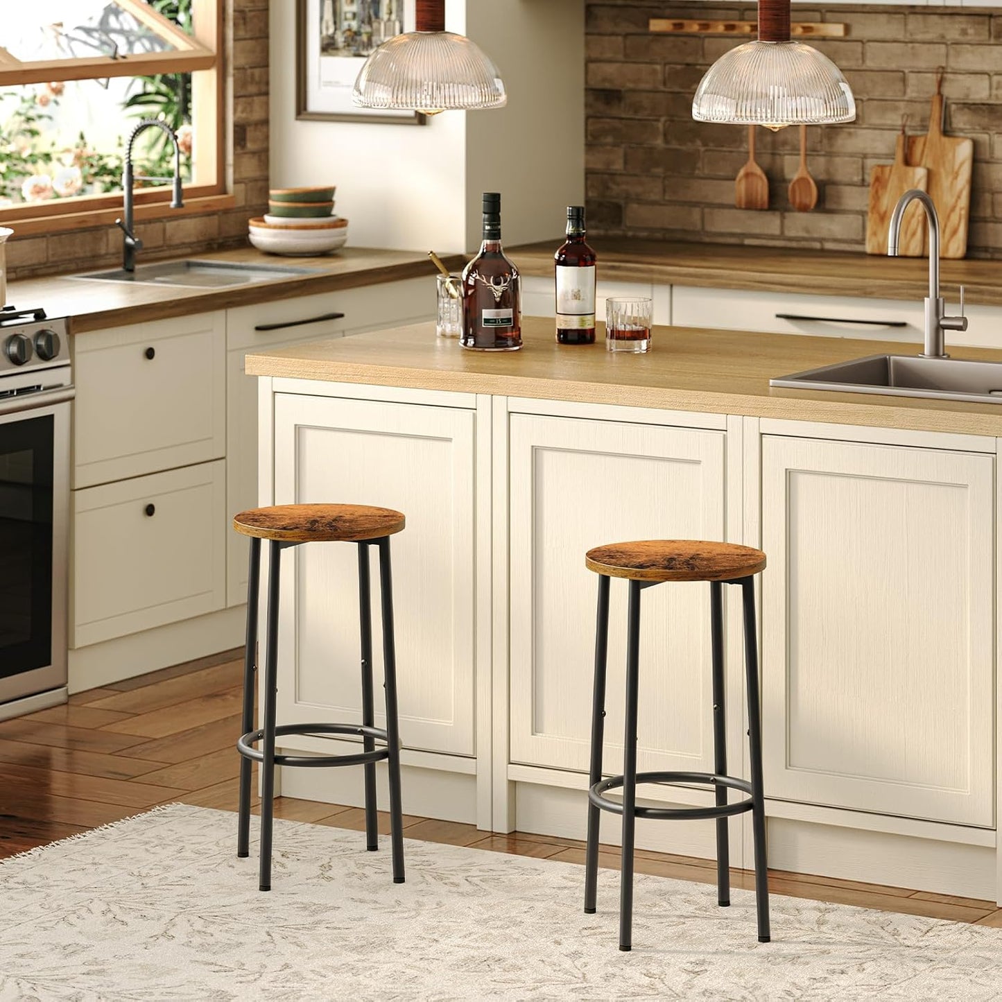 HOOBRO Bar Stools Set of 4, Counter Height Stools, Kitchen Round Height Stools, Bartools with Metal Frame and Smooth Top, for Kitchen, Bar, Cafe, Dining Room, Rustic Brown and Black BF03BYP401N1