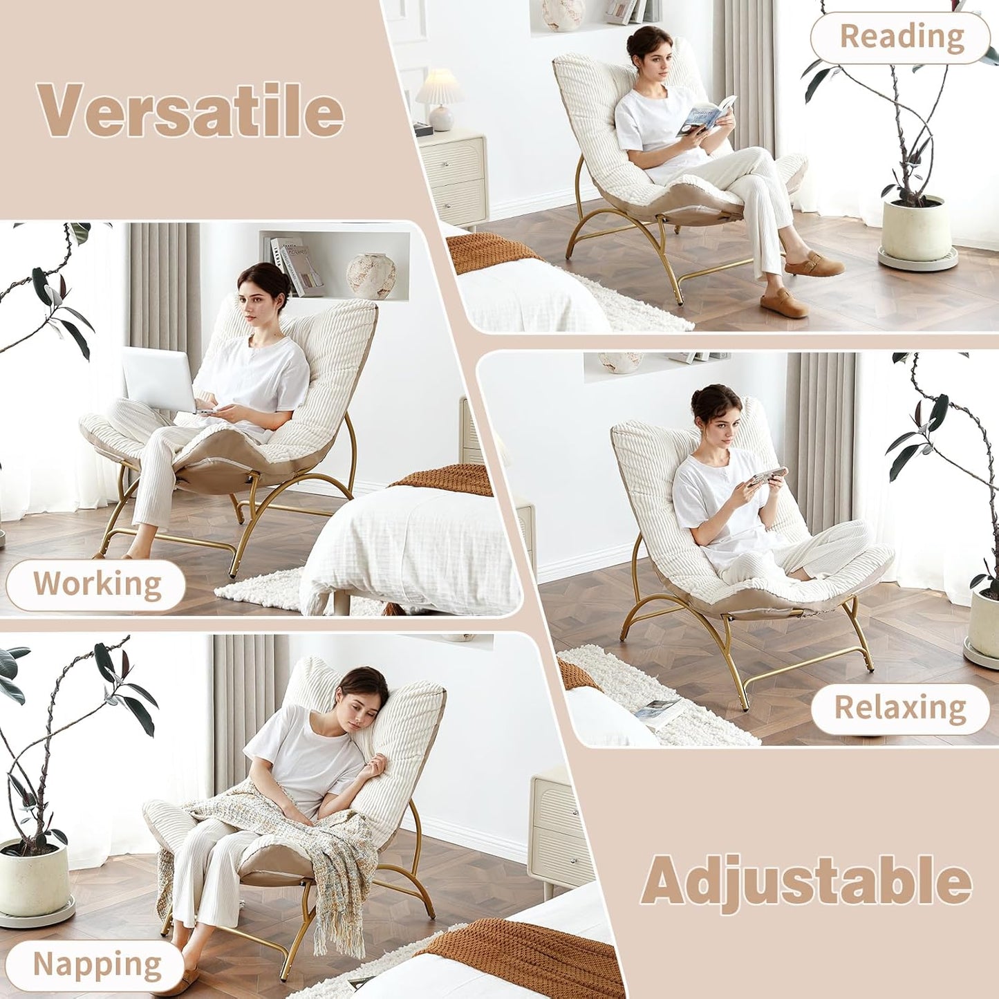 Welnow Accent Lounge Lazy Chair, Comfy Soft Leisure Metal Frame Reading Chair, Upholstered Thick Cushion Seated Recliner Sofa for Living Room, Bedroom, Dorm, Beige