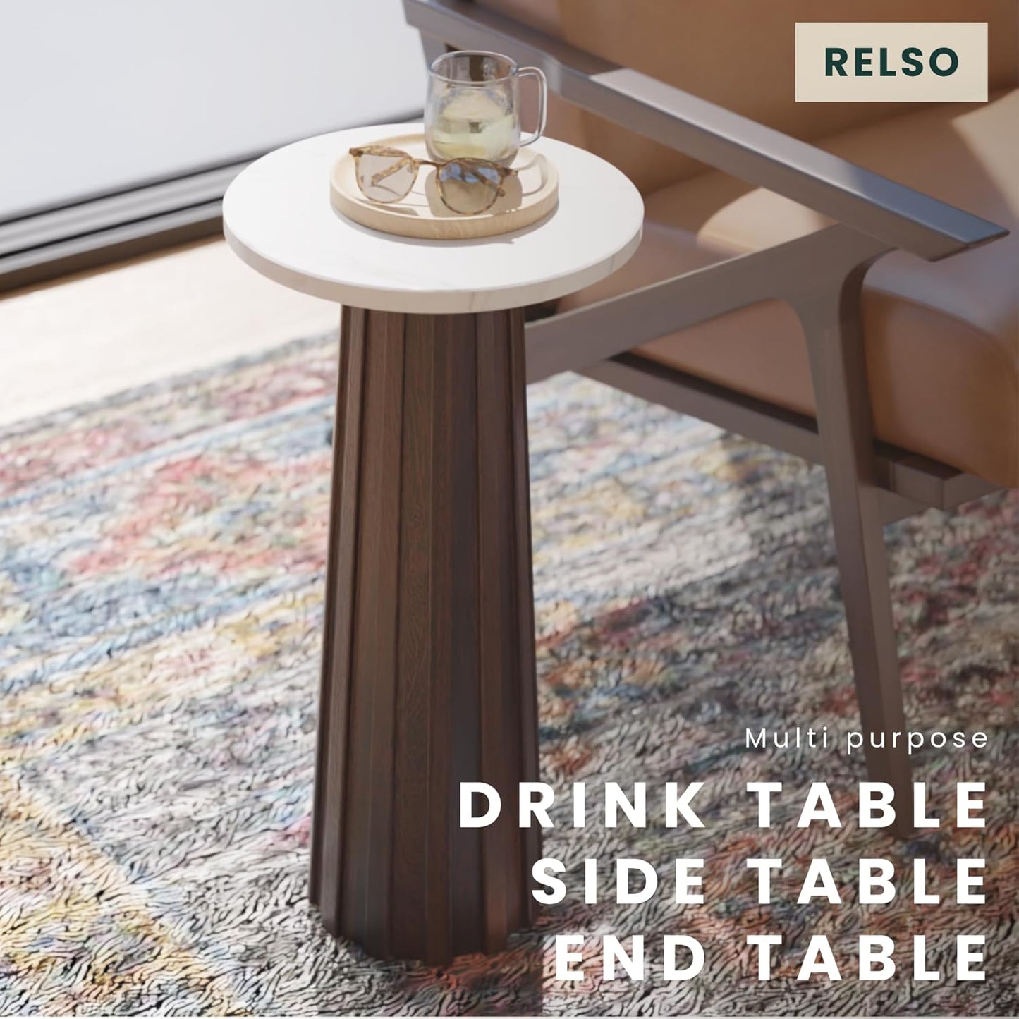 Ma'gro Drink Table – Solid Mango Wood Fluted Base with Real White Marble Top | Farmhouse Accent Side Table for Boho Decor, Bedside, Entryway, Plant Stand, Night Stand & Small Living Spaces