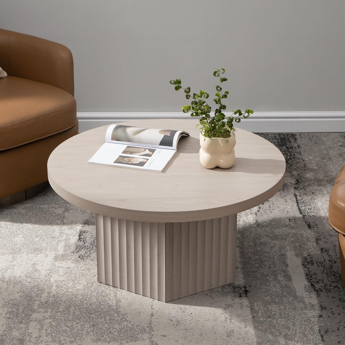 SICOTAS Round Coffee Table for Living Room, 32" Circle Modern Fluted Center Coffee Table with Storage, Mid Century Accent Tea Dining Table for Small Space, Apartment, White Alder