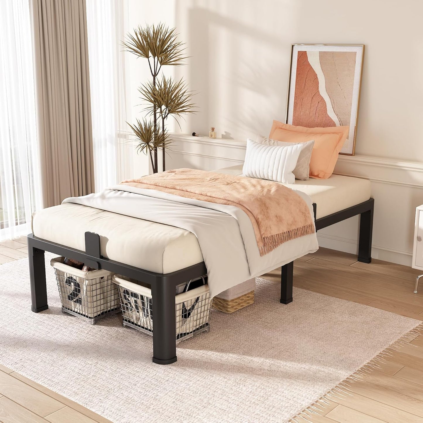 FUIOBYVV Twin XL Bed Frames with Round Corner Edge Legs 14 inch High 3500 lbs Heavy Duty Metal Platform Bed Frame Twin Size No Box Spring Needed/Non-Slip/Steel Slat Support/Noise Free