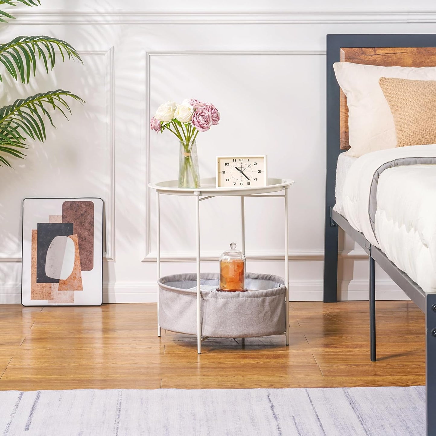 VECELO Round Side/End Table with Fabric Storage Basket,Metal Anti-Rust and Waterproof Small Bedside Nightstand with Removable Tray Top for Living Room,Balcony & Laundry,Beige/2pcs with Basket