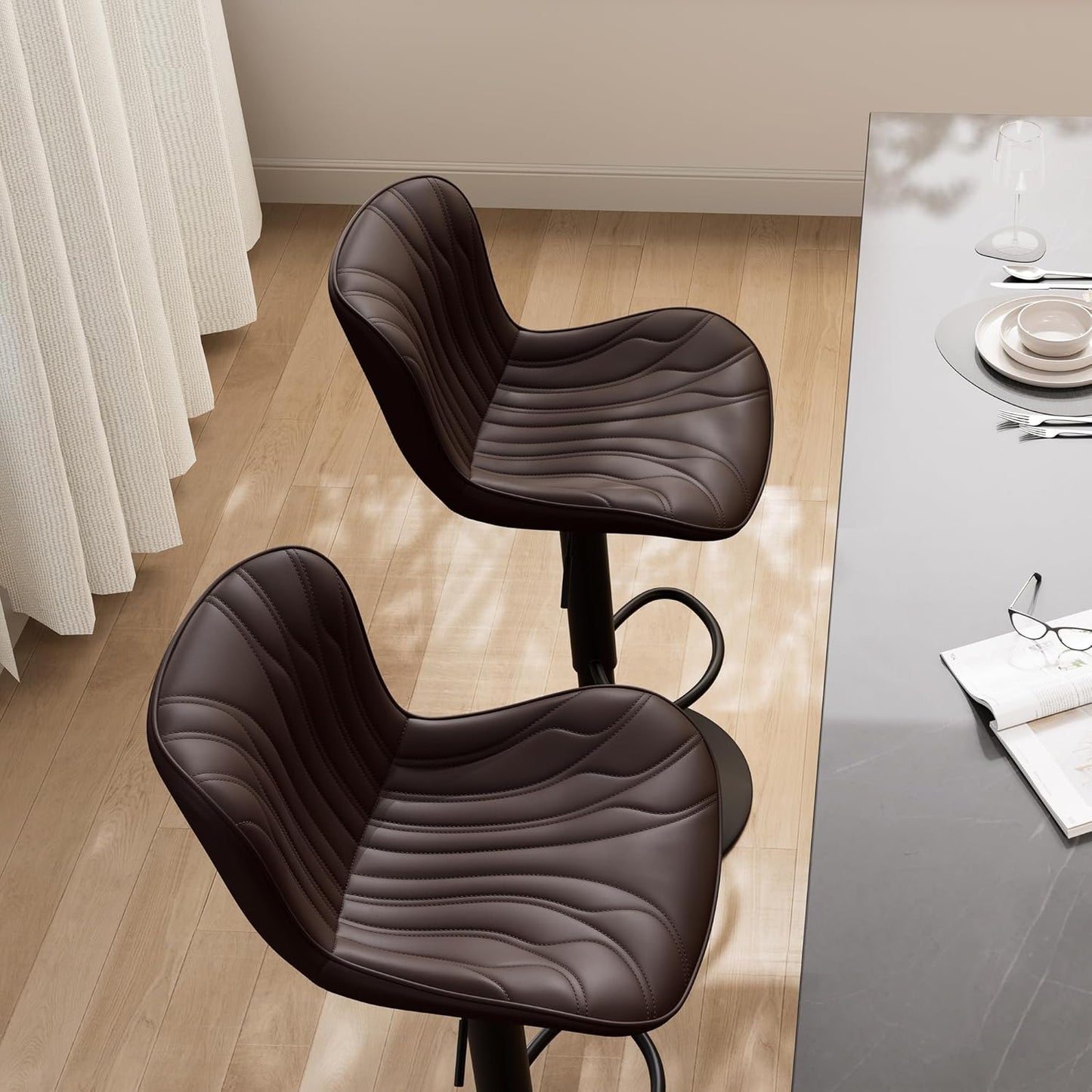 YOUNIKE Brown Bar Stools Set of 4 Modern Swivel Counter Height Bar Chair with Back Adjustable Kitchen Island Faux Leather Padded Barstools taburetes de bar Breakfast sillas para barra de cocina 4PCS