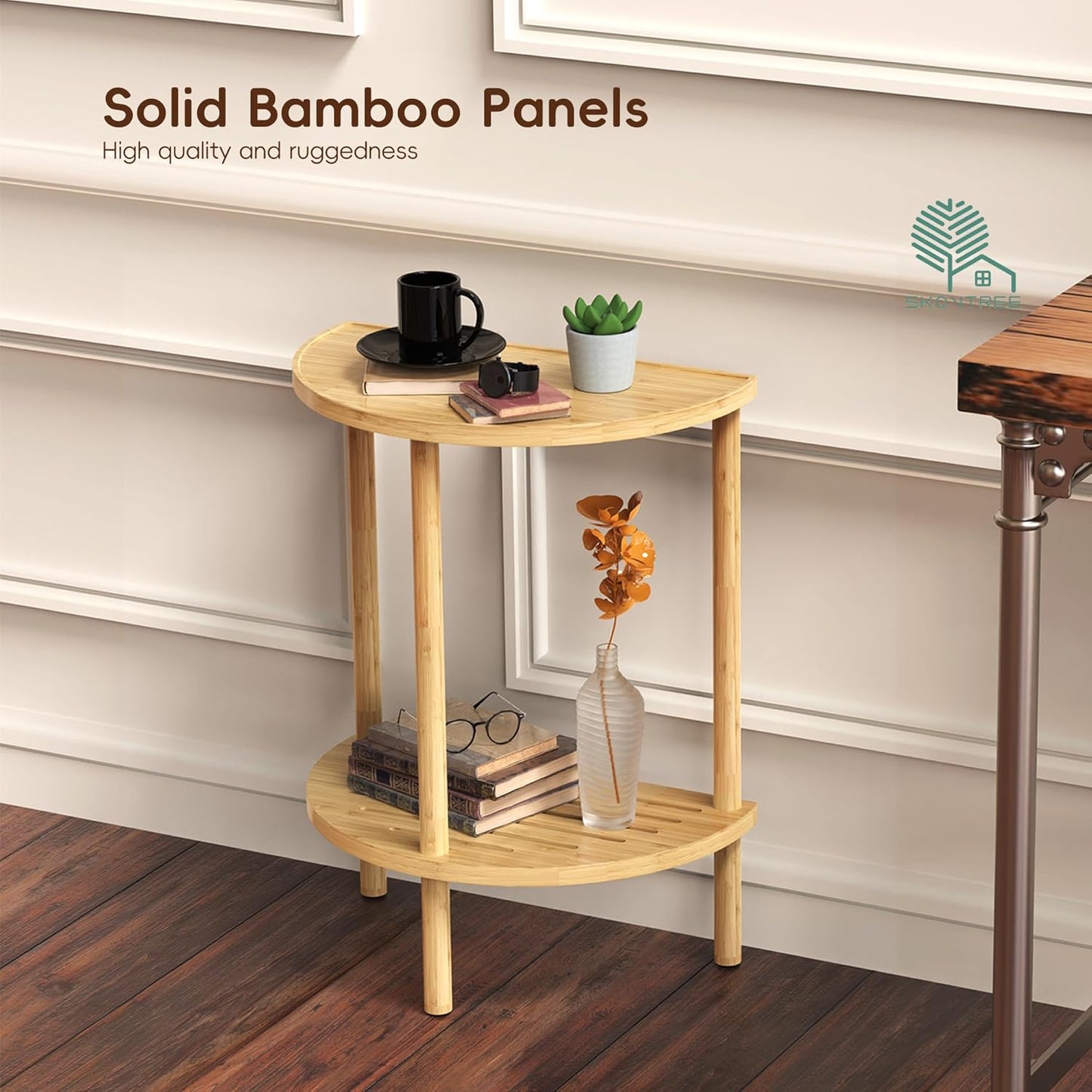 End Table, Half Moon Side Tables, Living Room Half Round 2 Tier Table for Small Space, Living Room Bedroom Couch Tables with Storage Shelf (Natural)