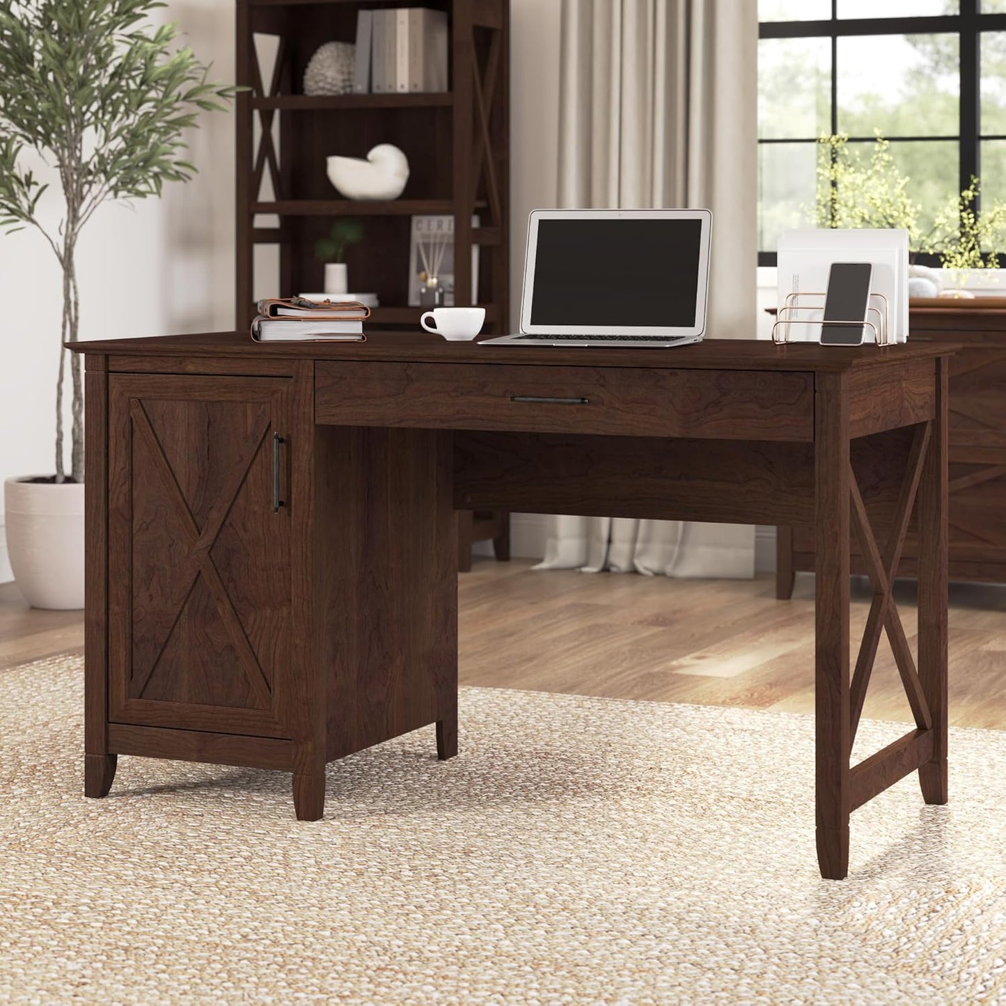 Bush Furniture Key West Computer Desk Farmhouse PC Table for Home Office, 54W w/Storage, Bing Cherry