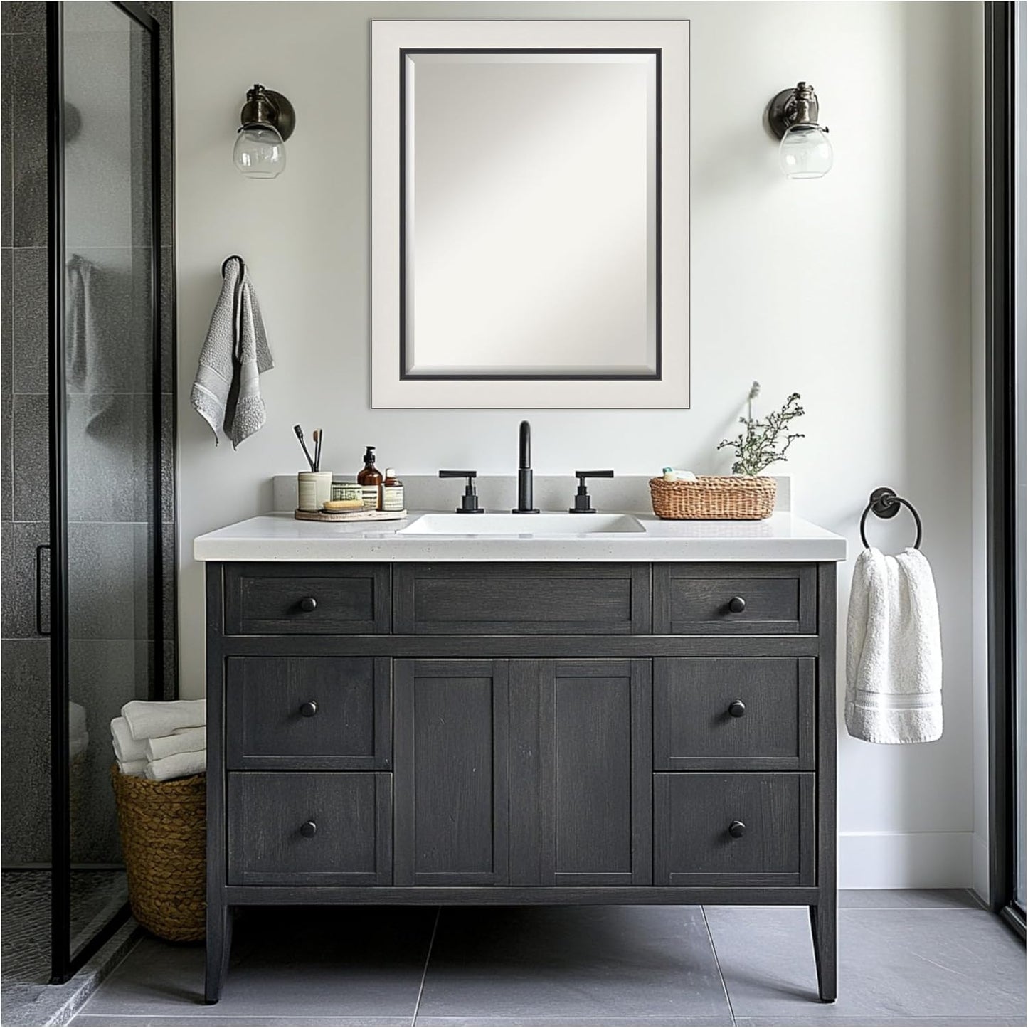 Amanti Art Silver Bathroom Mirror for Over Sink, 28x34 Ellie Silver Black Rectangle Vanity Mirror, Large Modern Contemporary Frame, Hangs Horizonally and Vertically, Bathroom Wall Decor, Beveled Edge