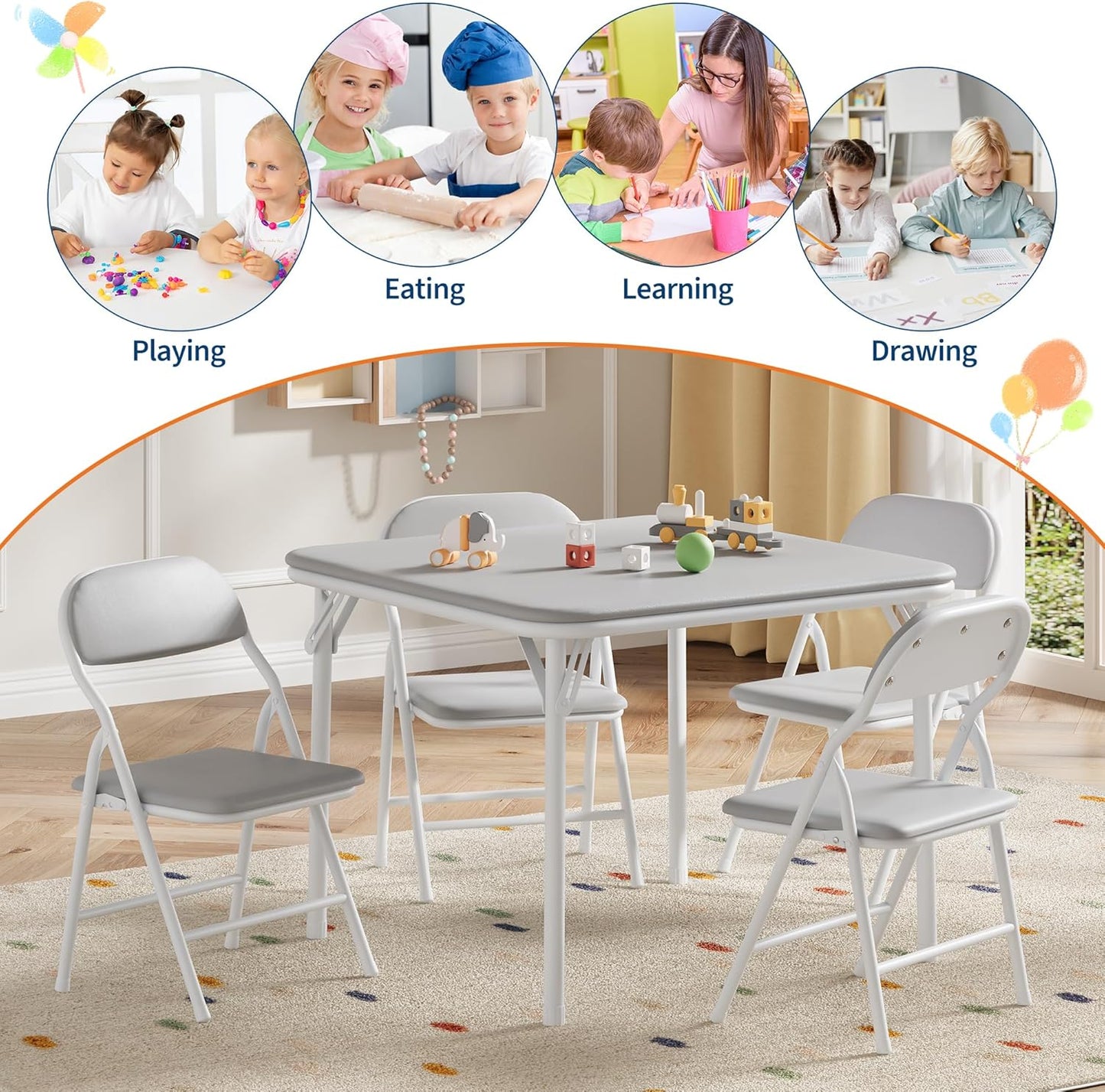 GarveeHome 3-Piece Kids Folding Table and Chairs Set, Toddlers Children's Activity Table and Chairs Set for Dining Room,Daycare,Classrooms