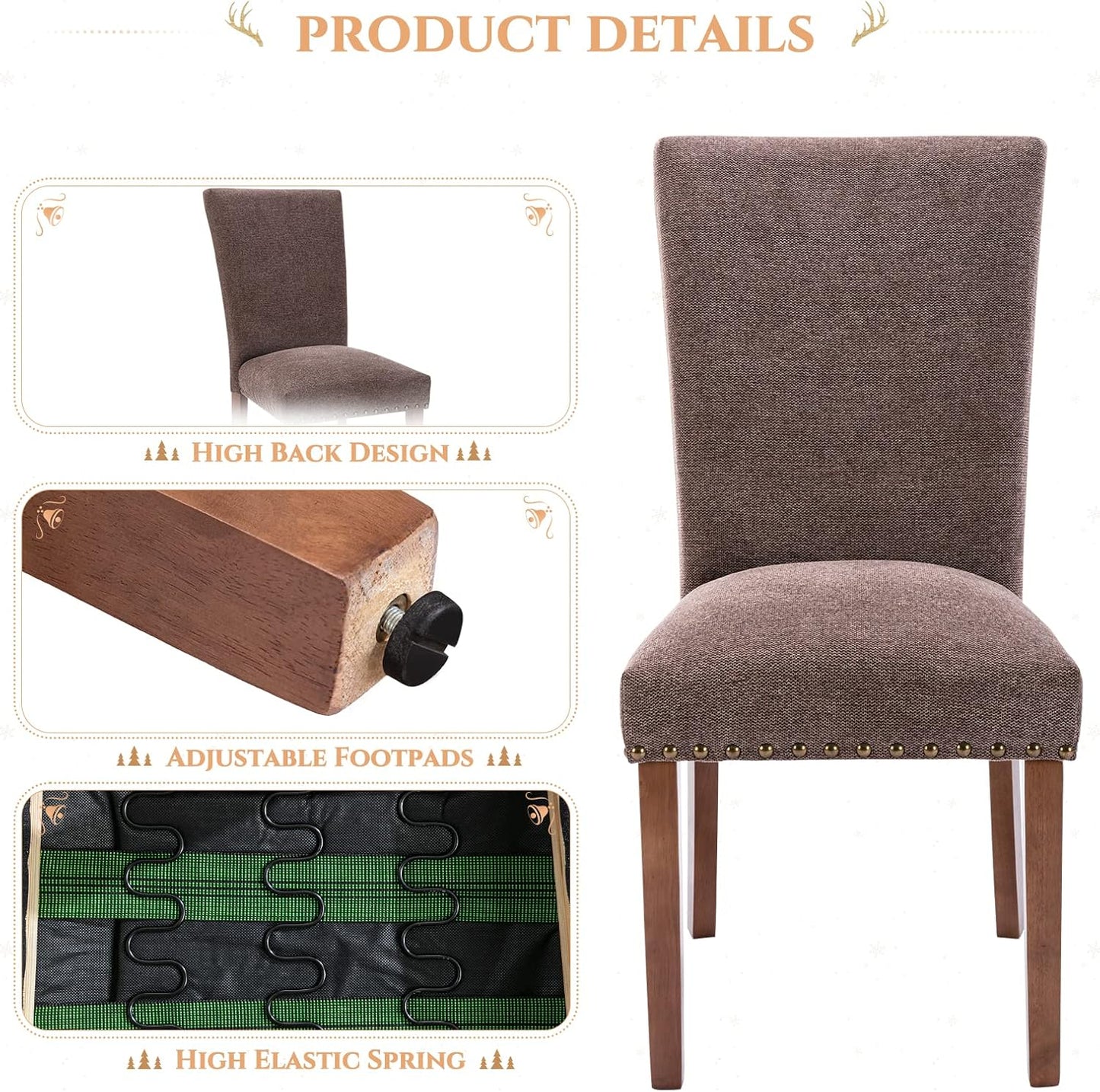 Parsons Dining Chairs Set of 2, Upholstered Nailhead Dining Room Kitchen Side Chair with Thick Cushions and Wood Legs, Brown