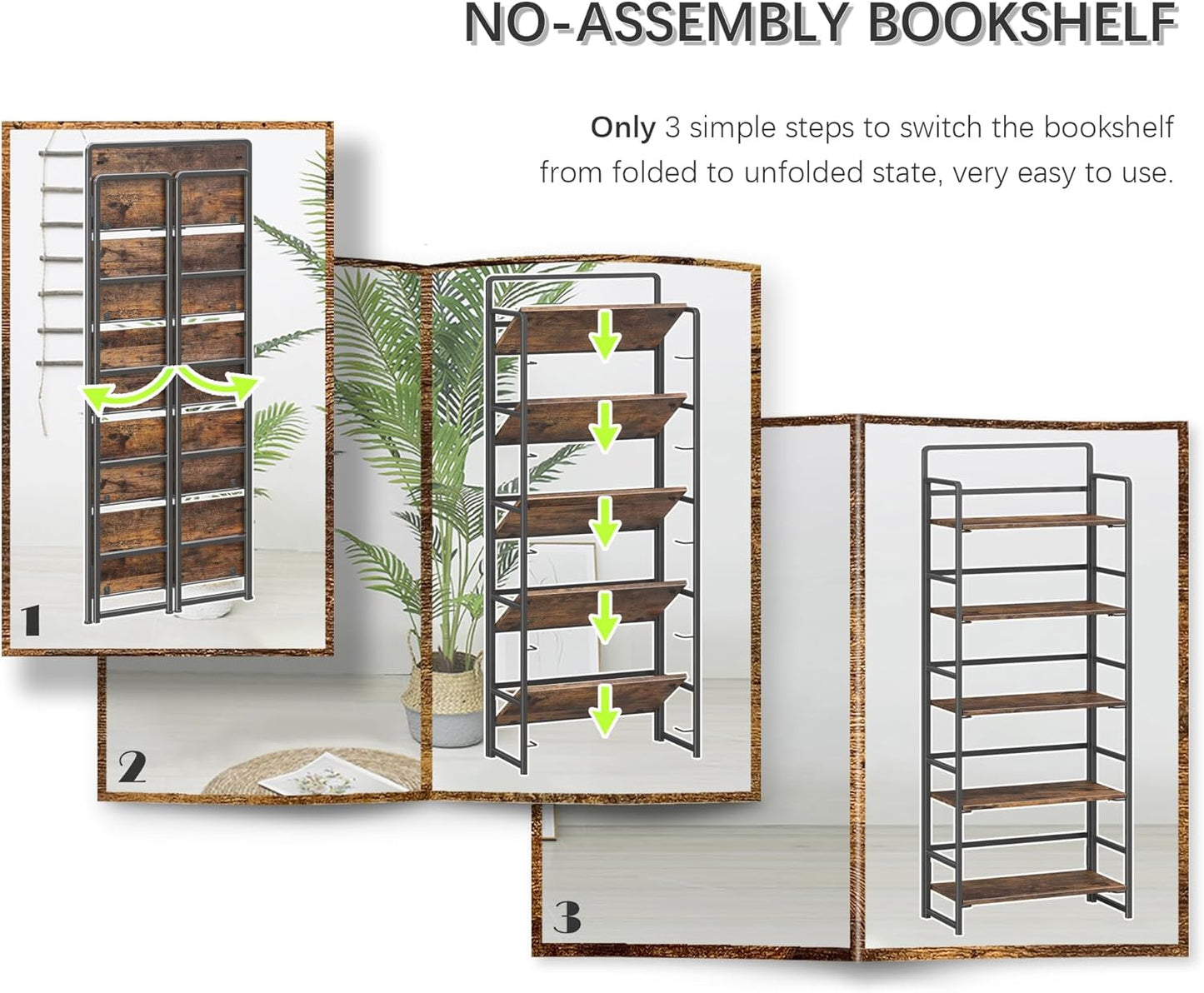 4NM No-Assembly 5 Tiers Folding Bookshelf Storage Shelves Vintage Bookcase Standing Racks Study Organizer Home Office (Rustic Brown Black)