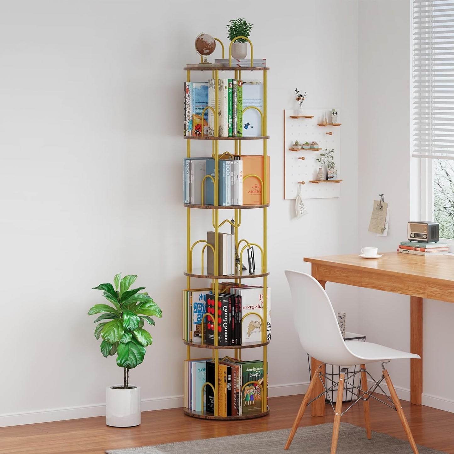 5 Tier Rotating Bookshelf, 360° Spinning Bookshelf Tower, Round Narrow Space Saving for Books and Display, Revolving Bookcase Corner Tall Book Shelf for Small Spaces, Bedroom, Living Room, Gold