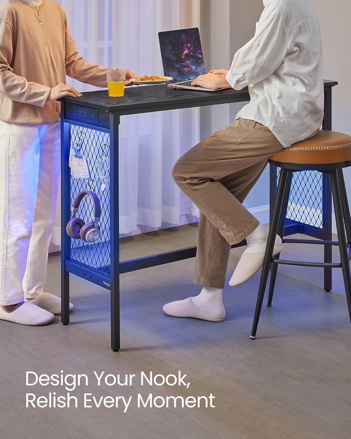 VASAGLE Bar Table with Power Outlets, 47.2 Inches LED Lights Narrow Tall Pub Table, Counter Height Console Desk, Mesh Panels and Metal Frame, for Kitchen, Entryway, Ebony Black and Matte Black