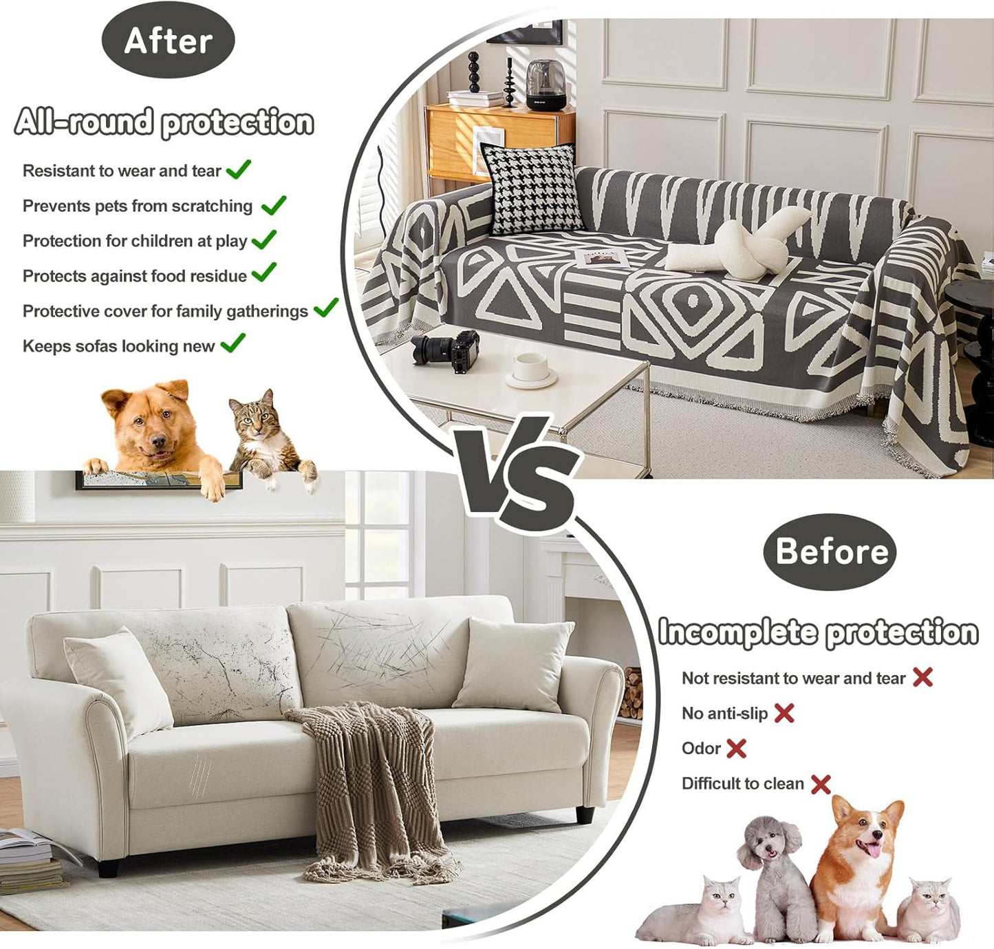 HANDONTIME Reversible Sofa Cover Boho Geometric Couch Cover for Dogs Dark Grey Couches Covers Washable Chenille Couch Covers for 3 Cushion Couch Pet Friendly Furniture Protector for Pets, 71" X134"