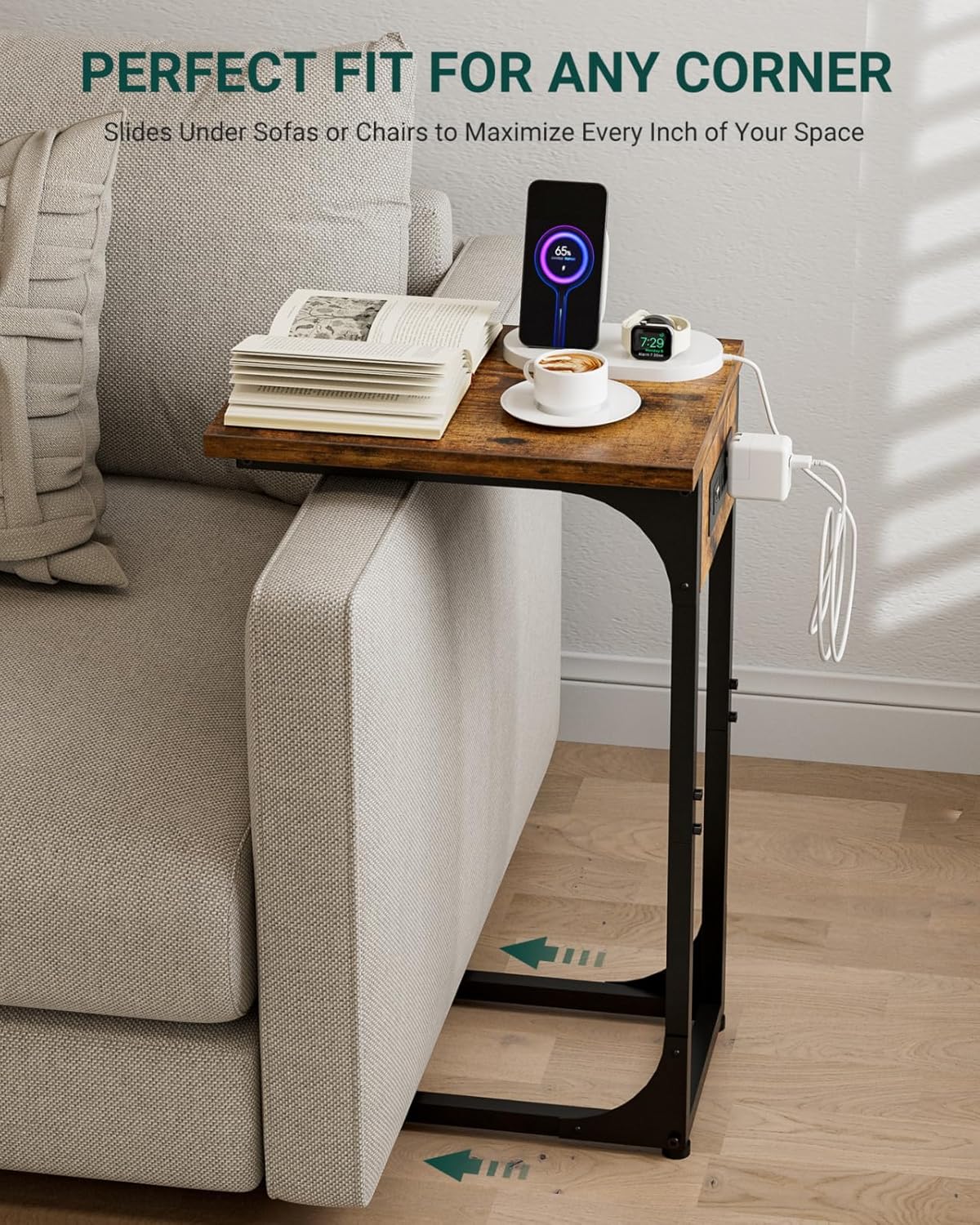 C-Shaped Side Table for Couch - Small Coffee Stand Sofa Tray Desk with Metal Frame Waterproof Scratch Resistant Wood Top and Built-in Charging Station, Rustic Brown
