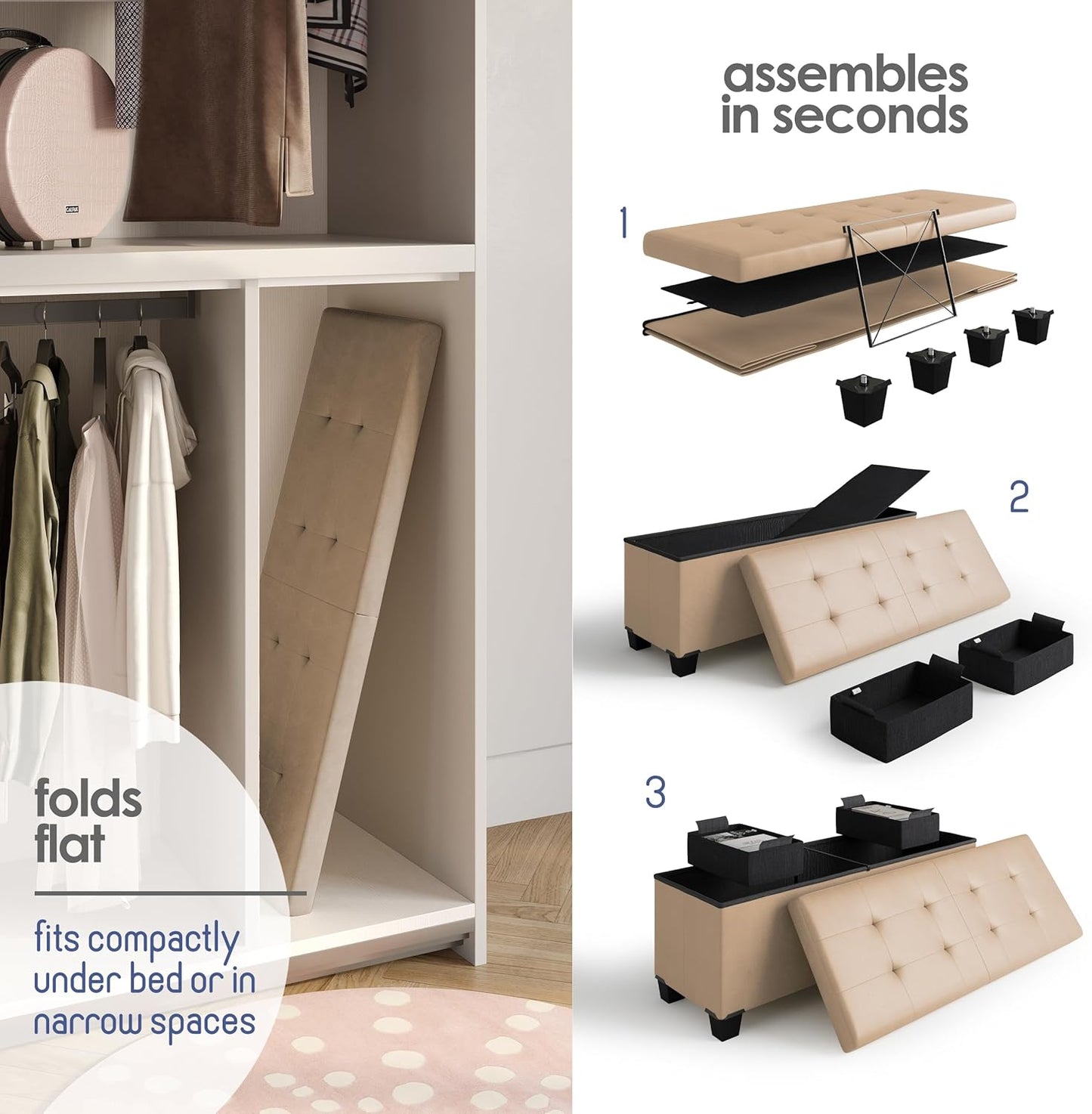 STORAGEBUD Storage Ottoman Bench with Bins, 43-in Storage Bench for Bedroom End of Bed, Folding Foot Rest Ottoman for Living Room Max 660lbs, Faux Leather Ottomans, Taupe