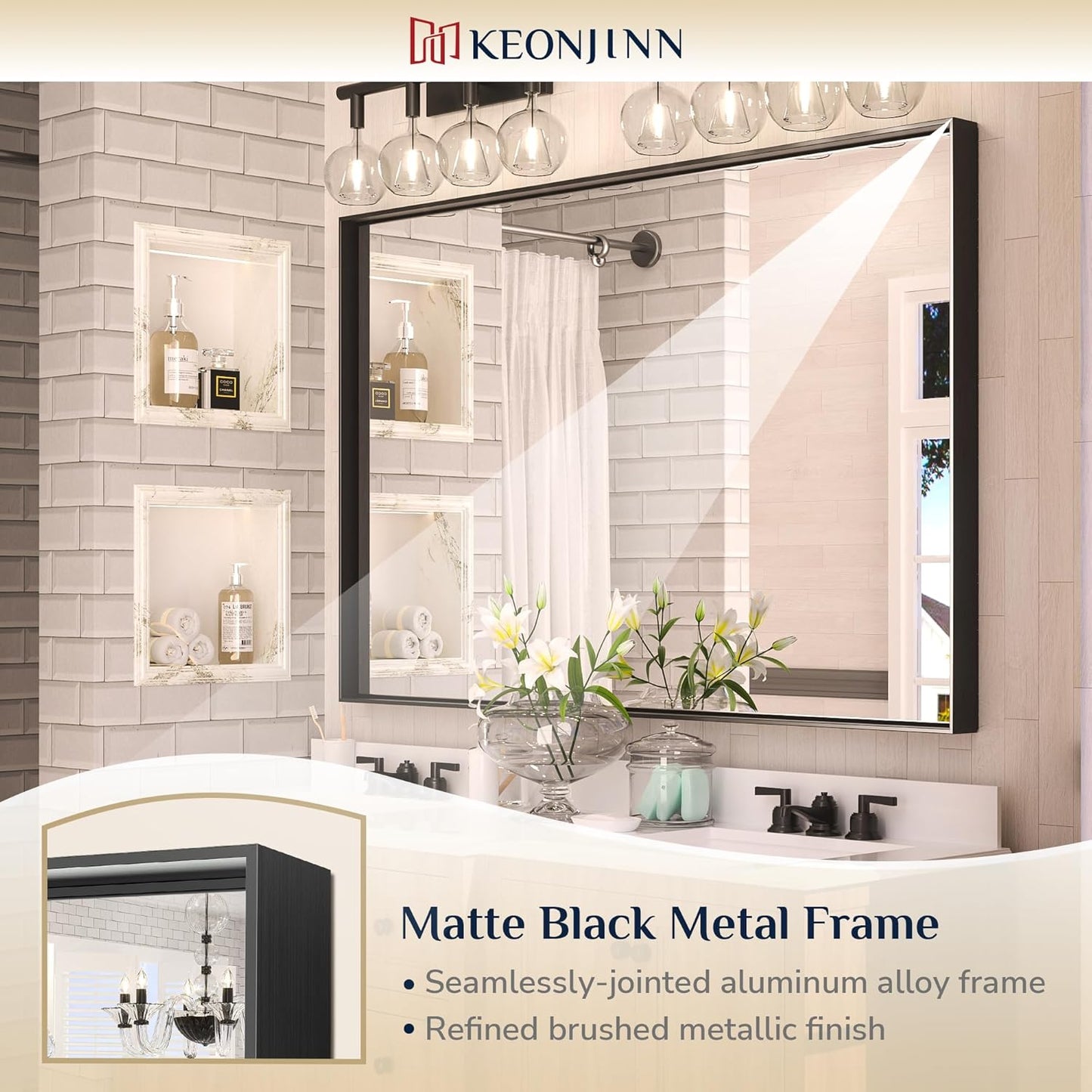 Keonjinn Black Mirror for Bathroom 55 x 36 Inch Rectangle Mirror Large Matte Black Vanity Mirror Metal Frame Farmhouse Mirror, Modern Rectangular Wall Mirror with Square Corner(Horizontal/Vertical)