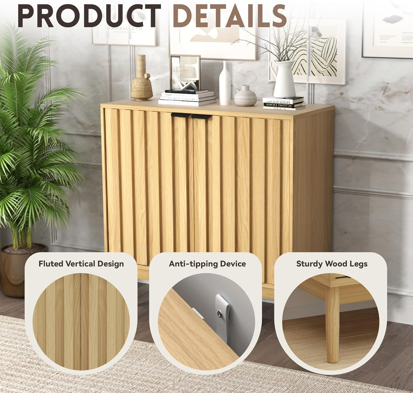 Fluted Cabinet with Storage, Buffet Cabinet Sideborad with Door, Kitchen Buffet Storage Accent Cabinets with Adjustable Shelves for Living Room, Entry, Hallway, Natural