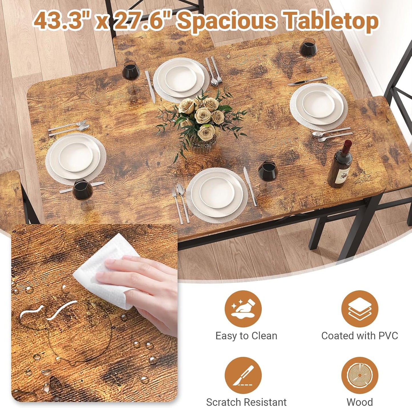 5-Piece Dining Table Set, Dining Table Set for 4, Small Kitchen Table Set for 4, Wood Dining Room Table, with 4 Curved Backrest Chairs, Compact Dining Set for Small Spaces & Kitchen-Brown