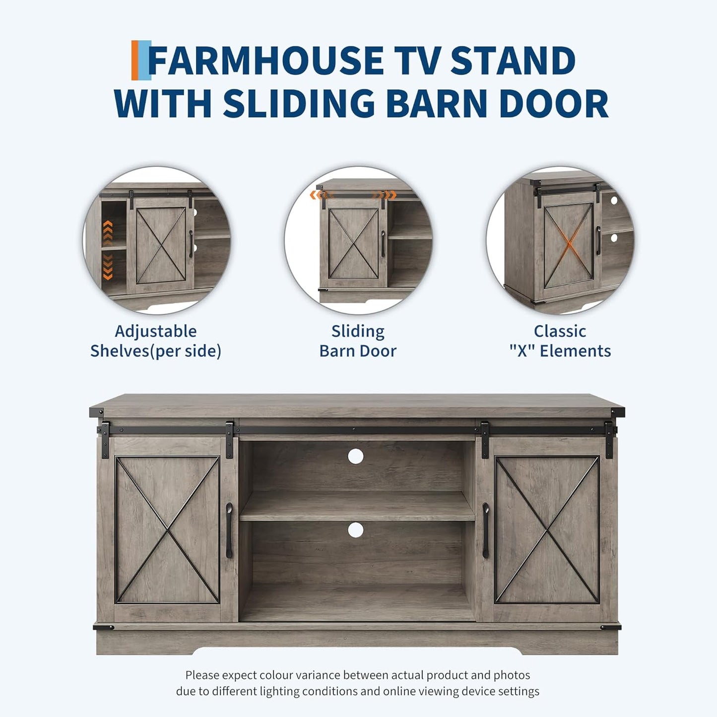 CABIHOME Farmhouse TV Stand and Entertainment Center for TV Up to 65 Inches with Sliding Barn Doors and Adjustable Shelf, TV Media Storage Console Table and Furniture for Living Room, Bedroom, Grey