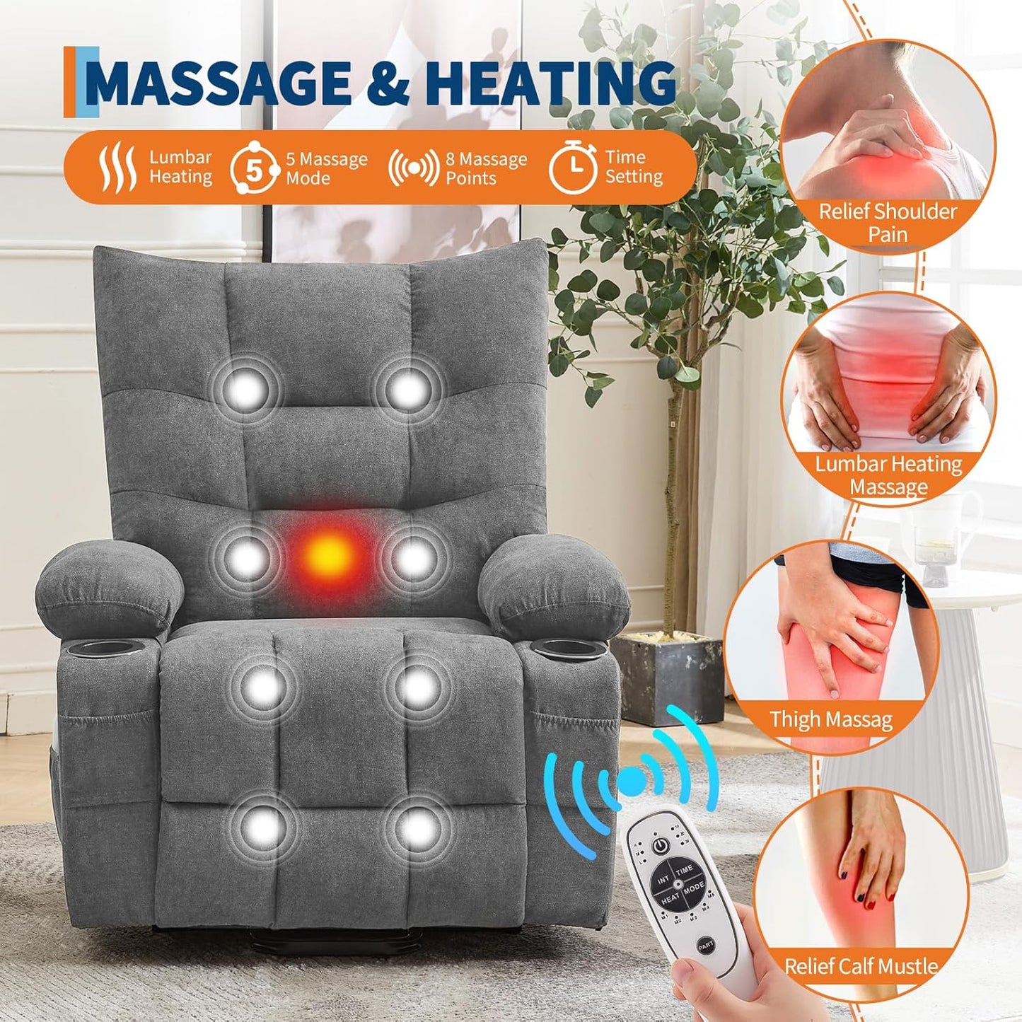 GarveeHome Power Lift Recliner Chair for Elderly with Massage and Heat, Oversized Electric Massage & Heat Recliner with Soft Padded Upholstery, Side Pocket & Cup Holders for Living Room, Gray