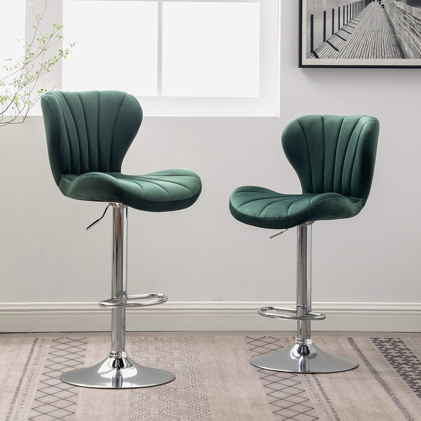 Roundhill Furniture Ellston Velvet Adjustable Swivel Barstools in Green, Set of 2