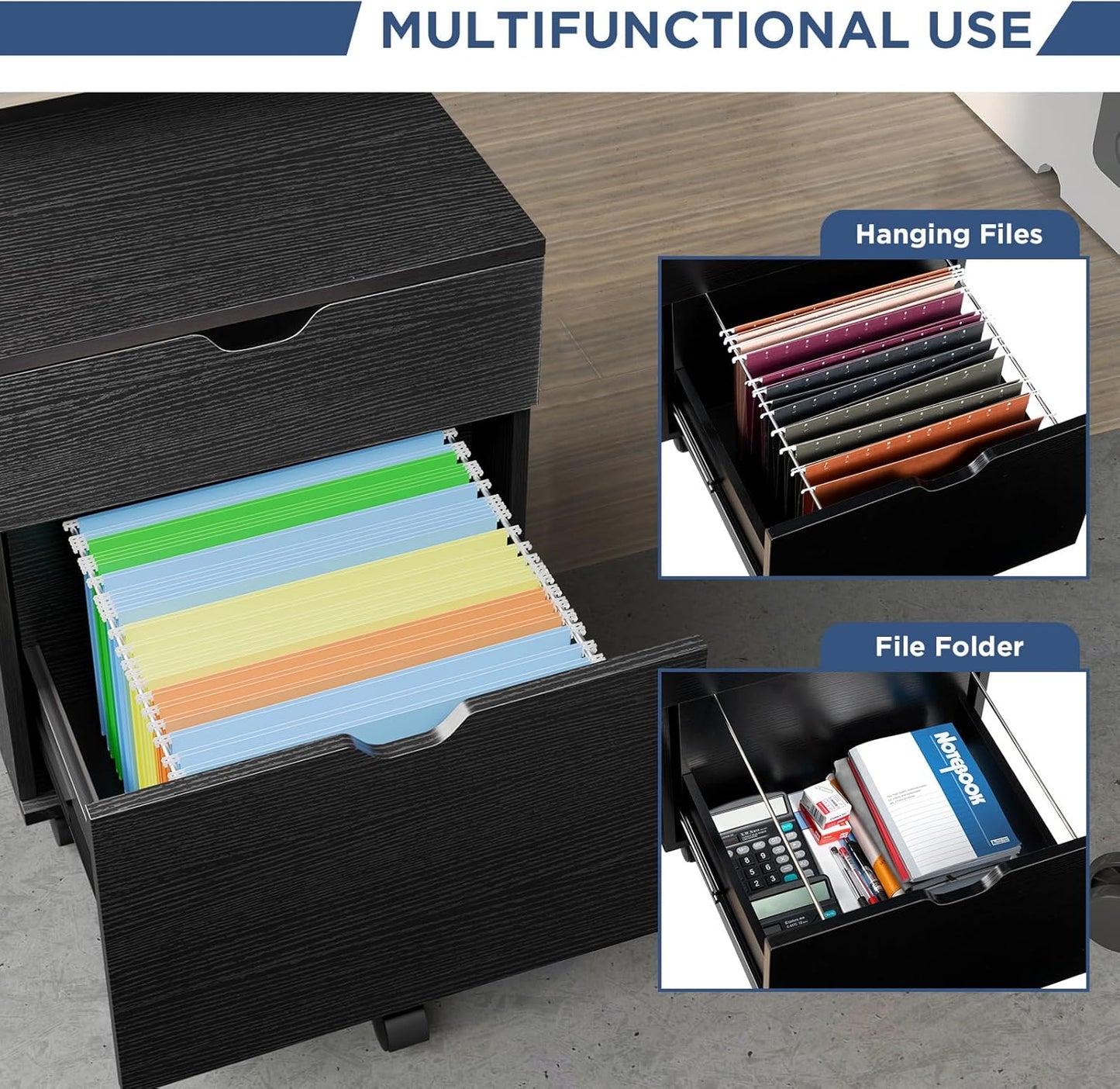 HollyHOME File Cabinet, 2 Drawers Filing Cabinet for Home Office, with Wheels, for A4, Letter Sized Documents, Hanging File Folders,Black