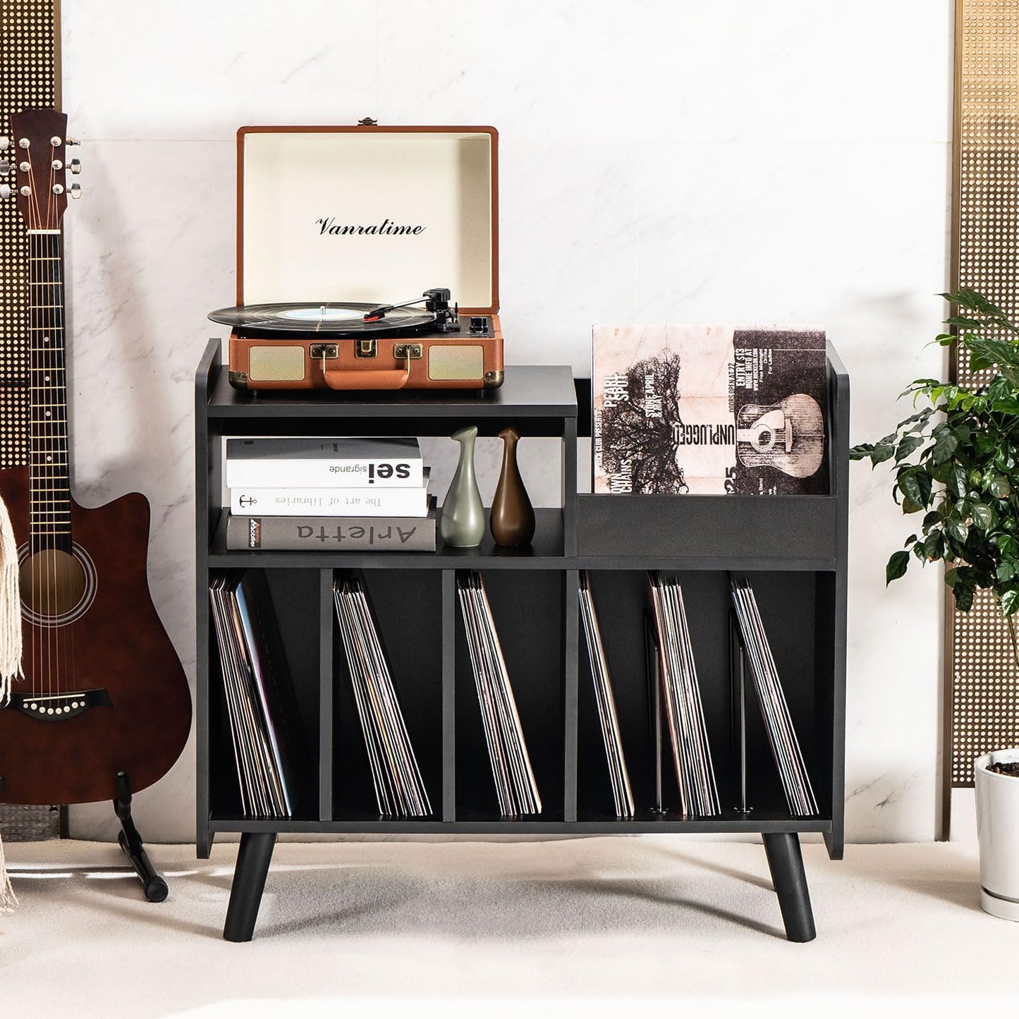 Record Player Stand, Large Record Player Table Cabinet with Open Vinyl Storage and Display Shelf Holds up to 350 Albums, Mid Century Wood Turntable for Living room