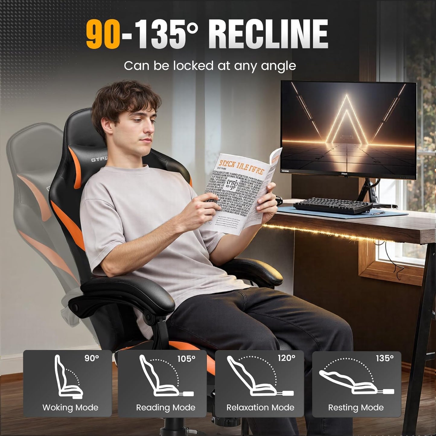 GTRACING Gaming Chair with Foot Rest & Pocket Spring Cushion, Ergonomic High Back Computer Chair with Headrest & 360°-Swivel Seat for Home Office Desk, PU Leather, Orange