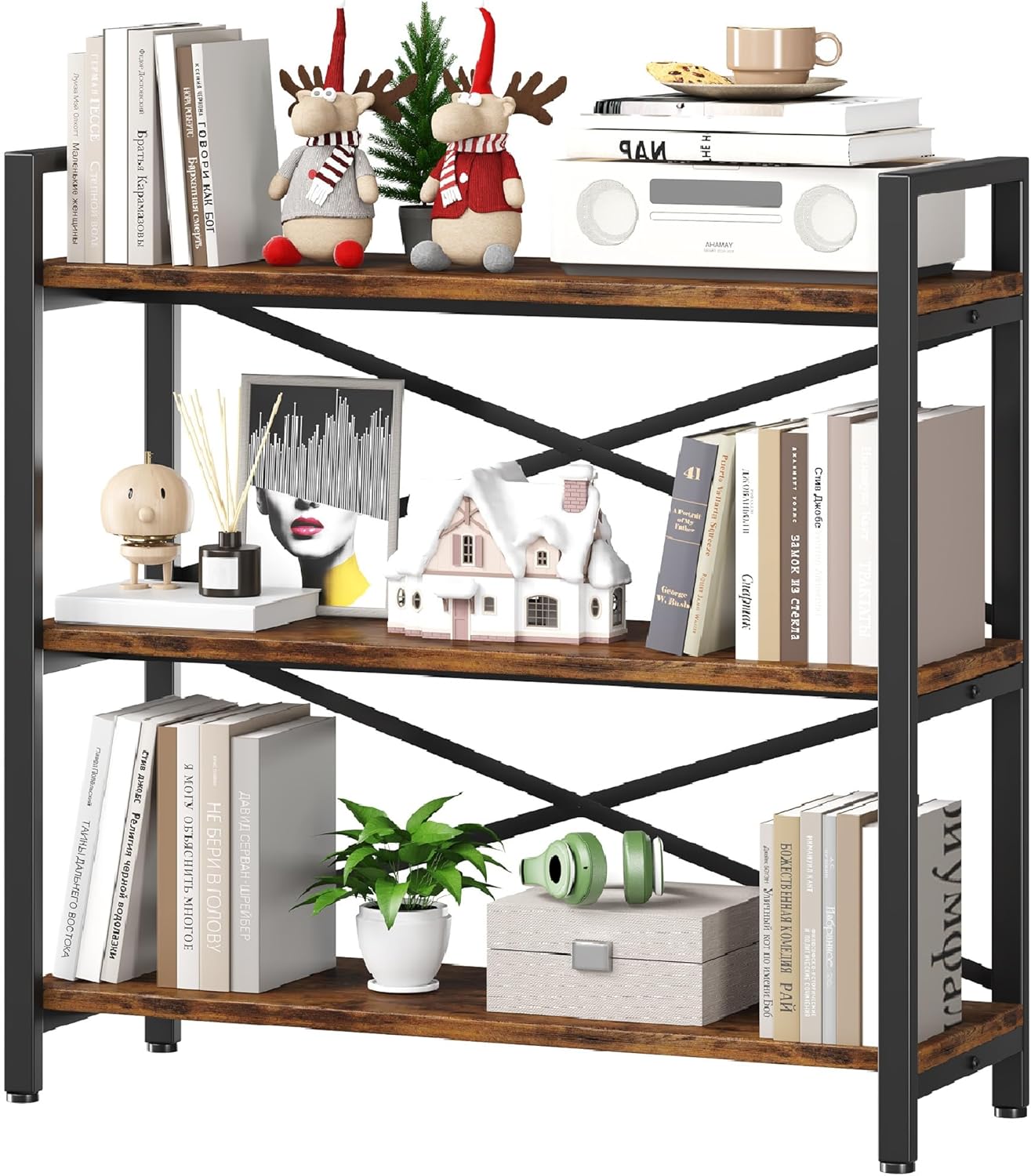 Homeiju 3 Tier Bookshelf 31.49" Width, Wood and Metal Etagere Bookcase, Vintage Farmhouse Modern Wooden Big Book Shelf for Home Living Room Bedroom Office Storage(Rustic Brown)