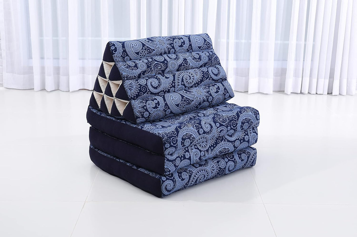 Leewadee - Comfortable Japanese Floor Mattress - Thai Floor Bed with Triangle Cushion - Futon Mattress - Thai Massage Mat, 67 x 21 inches, Blue White, Kapok Filling