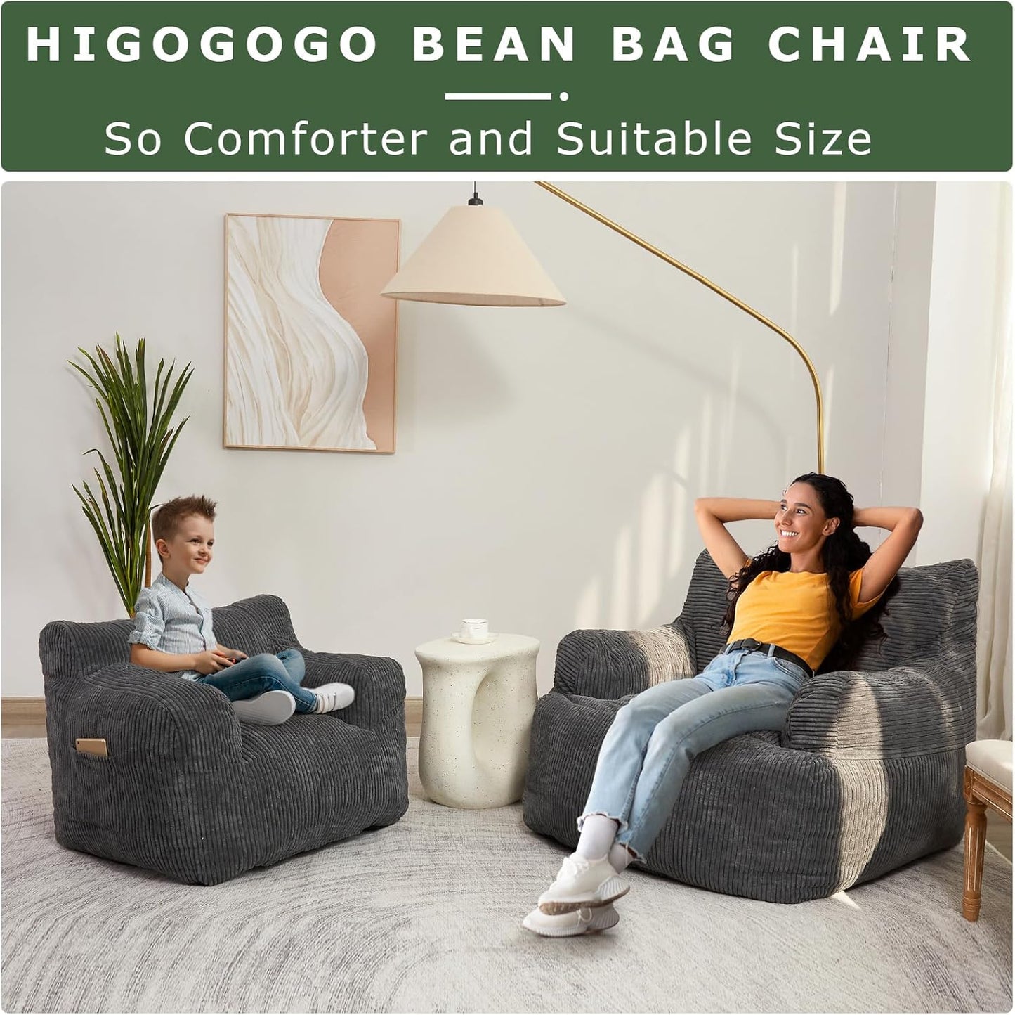 HIGOGOGO Giant Bean Bag Chair Sofa, Big Comfy Chair for Bedroom Living Room, Bean Bag Lazy Chair for Adults with Pocket Armrests for Gaming, Reading, Large, Dark Grey