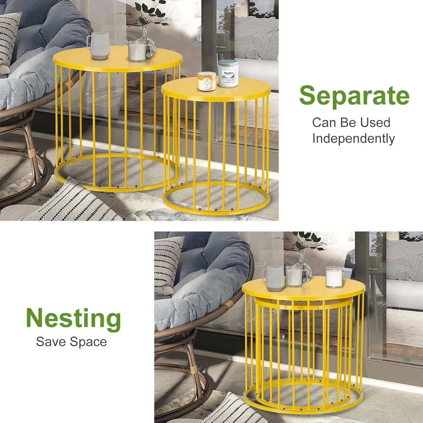 SUNNYPARK Outdoor Side Table Set of 2, Metal Circle Accent End Tables for Balcony Backyard Garden Indoor Living Room, Durable Black Nesting Coffee Tables, 20”+16” Dia