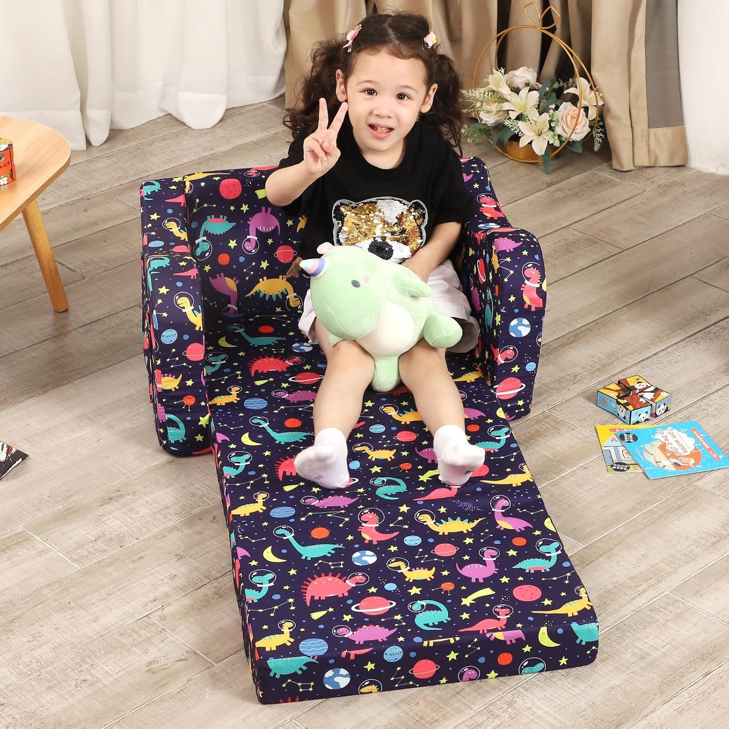 Dinosaur Kids Sofa, 2-in-1 Kids Couch Fold Out, Convertible Sofa to Bed for Girls and Boys