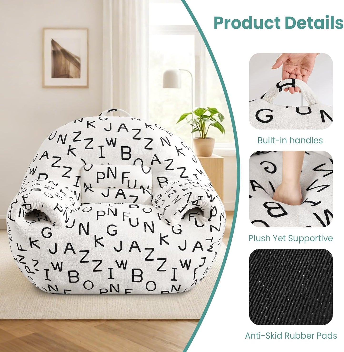 DAICO Bean Bag Chairs for Adults Comfy Bean Bag Sofa Chair with Armrests Single Lazy Floor Sofas Accent Chair with Foam for Living Room Bedroom Reading Gaming Office (Letter White)