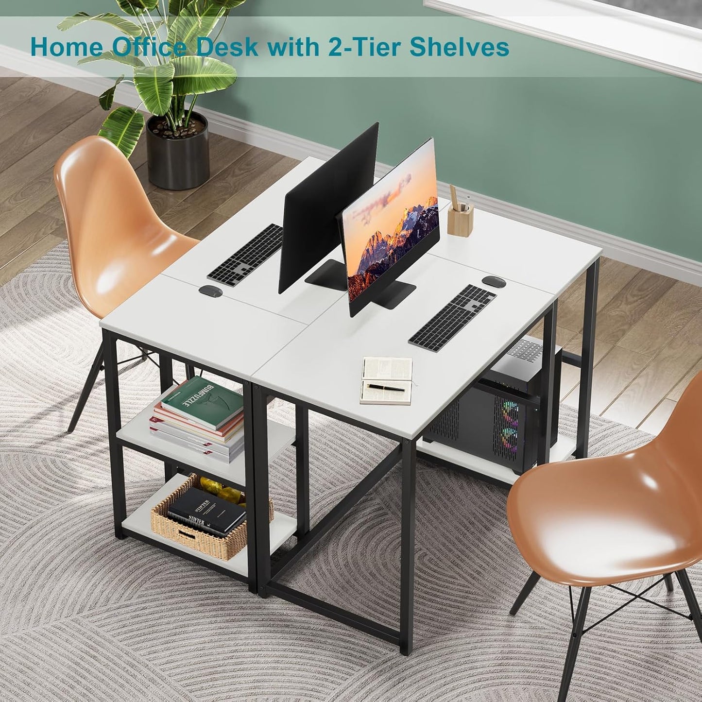 SINPAID Computer Desk 47 inches with 2-Tier Shelves Sturdy Home Office Desk with Large Storage Space Modern Gaming Desk Study Writing Laptop Table, White Desk