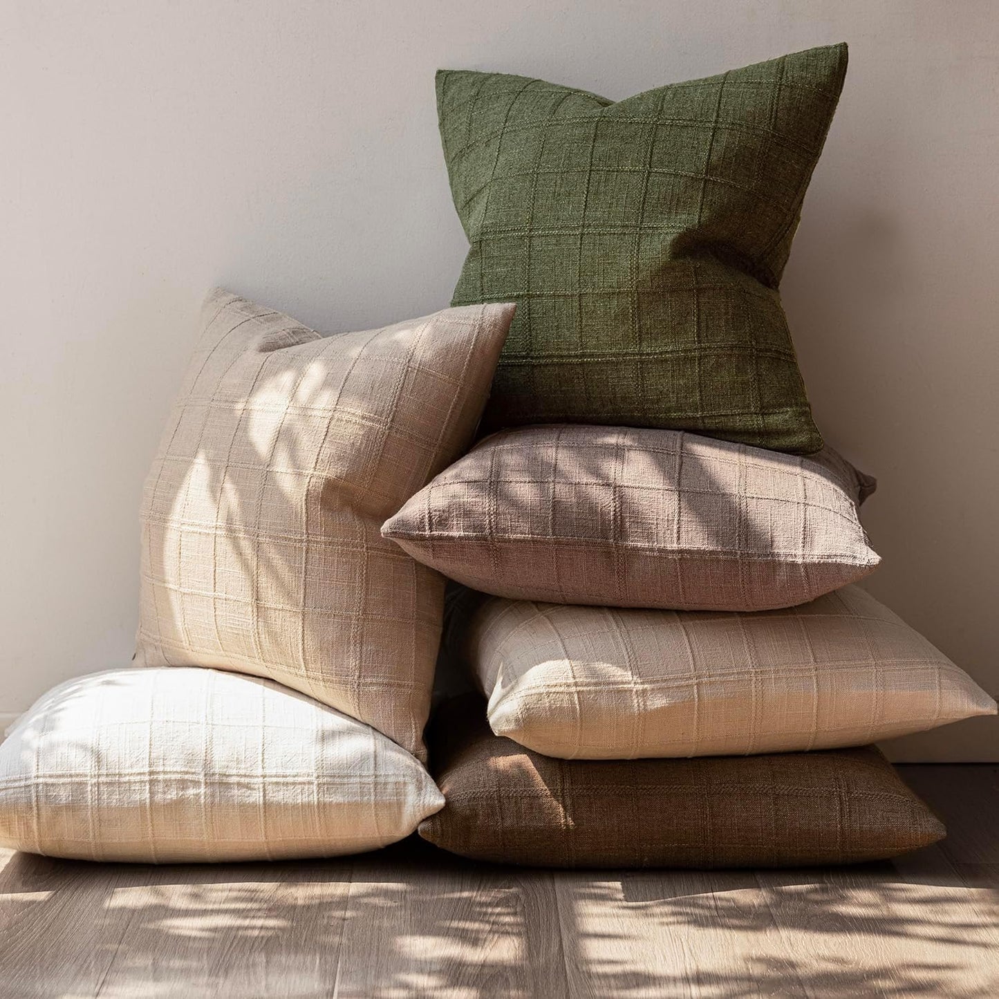 Foindtower Set of 2 Decorative Linen Check Throw Pillow Covers Neutral Farmhouse Vintage Cushion Covers Modern Boho Home Decor for Sofa Chair Couch Bedroom Living Room Outdoor,18×18 Inch,Olive Green