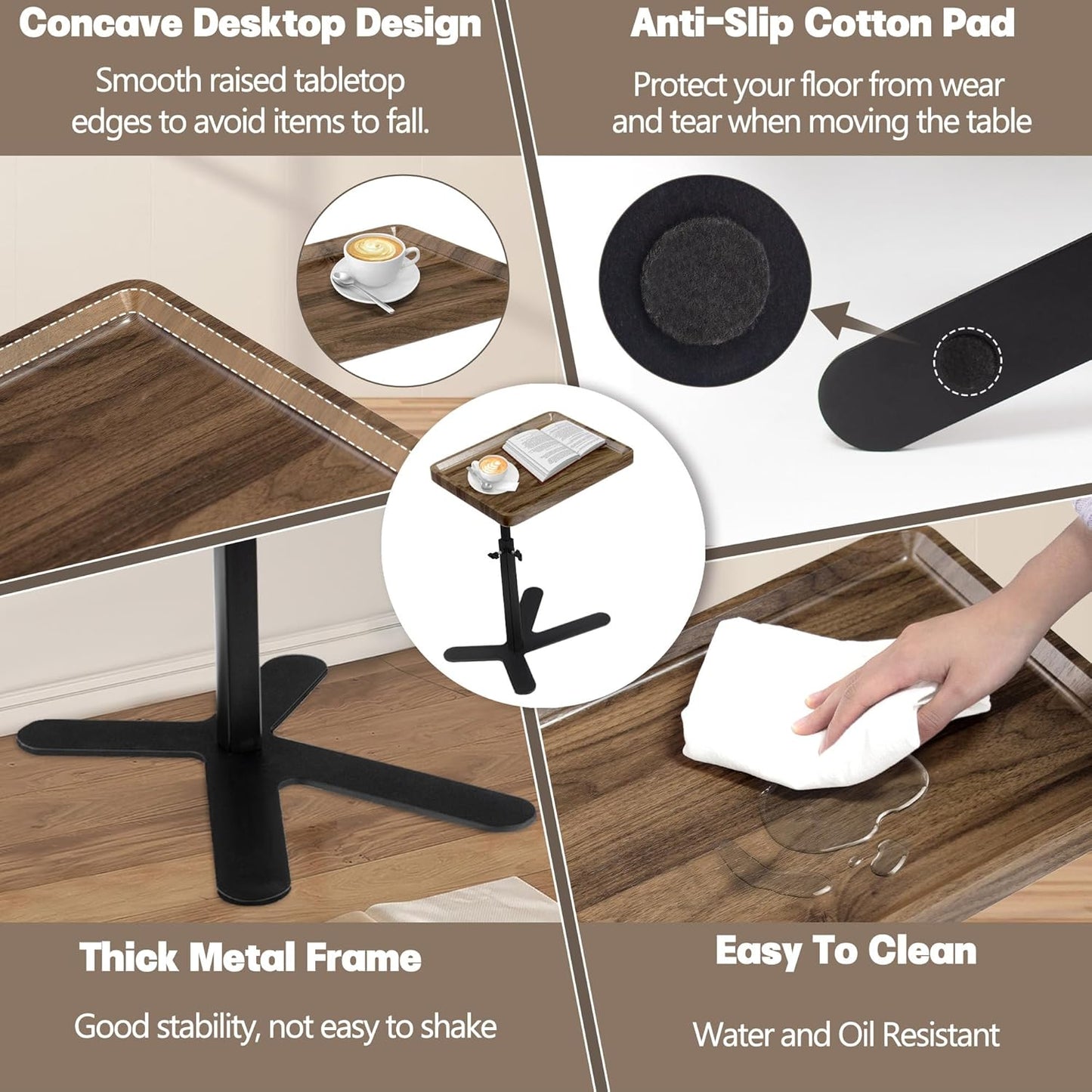 Aoligrace Walnut Side Table Adjustable Height, 360° Swivel C Shaped End Table with Metal Base, Small TV Tray for Living Room Bedroom Small Spaces, Sofa Couch Tables That Slide Under