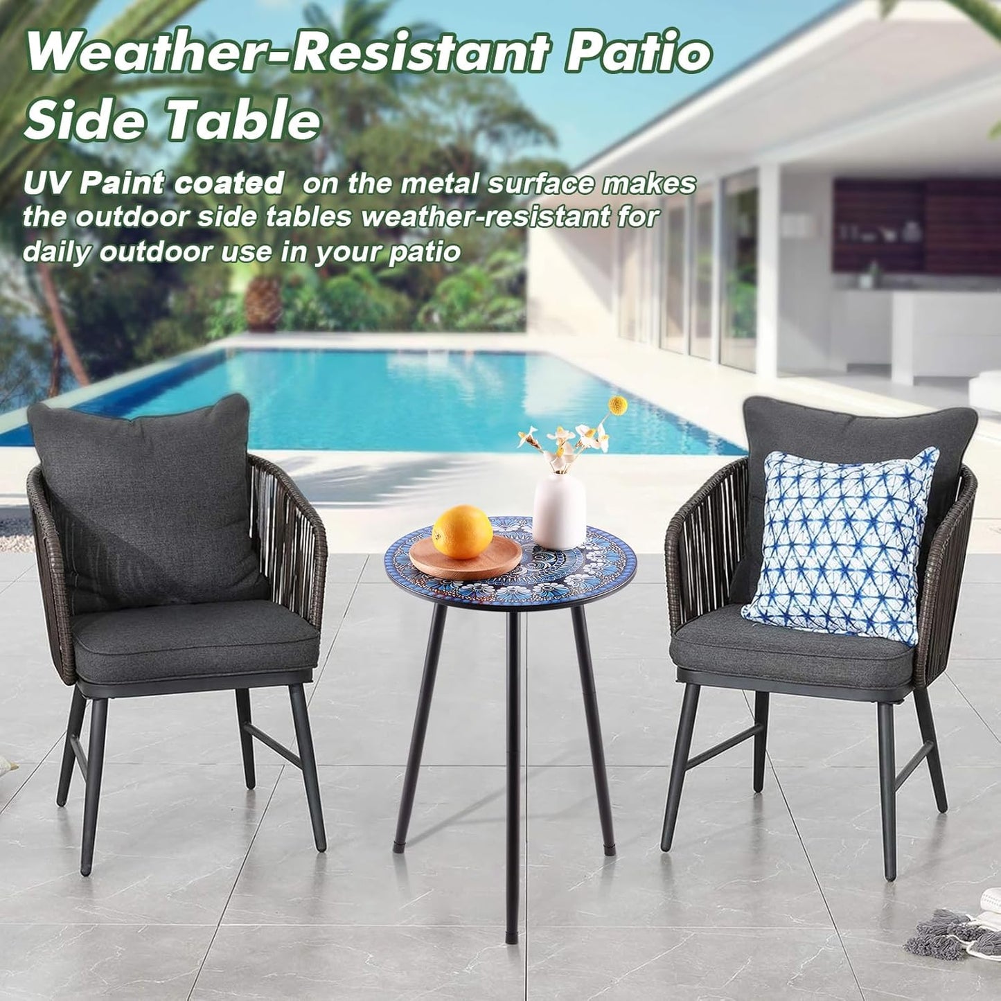 1 Pack Metal Mosaic Round Side Table 13.4" Small End Table for Patio Round Accent Garden Corner Stand for Small Spaces Weather-Resistant for Balcony Plant Stand Indoor Outdoor