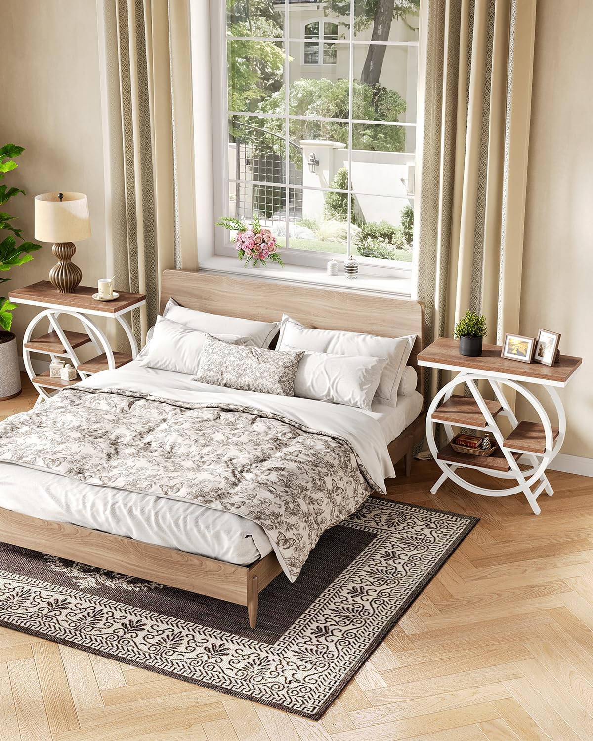 LITTLE TREE End Table, Narrow Side Table with 4-Tier Large Storage Space, Modern Bedside Table for Living Room, Home Office, Bedroom, Brown and White