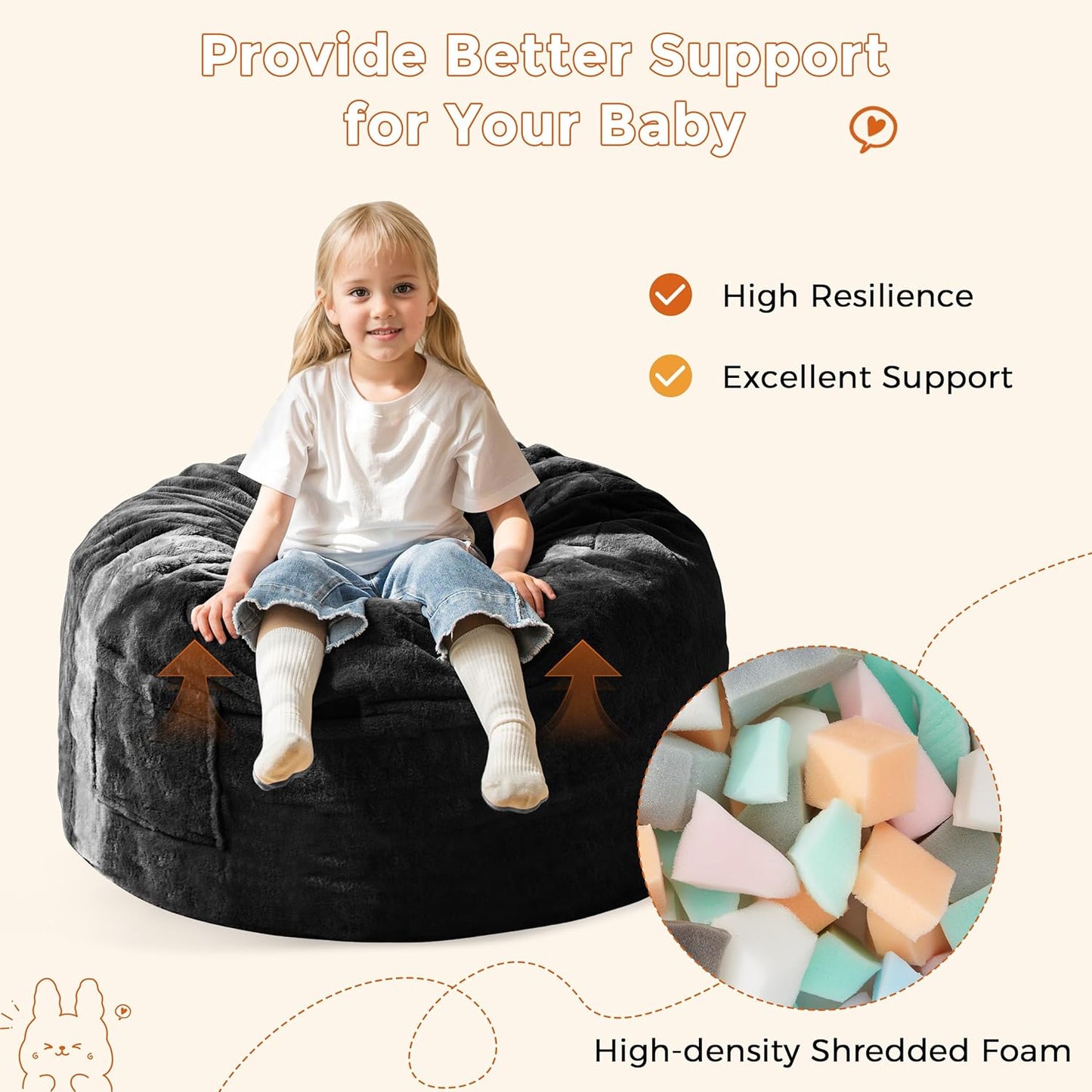 MAXYOYO Kids Bean Bag Chair, Stuffed Faux Fur Bean Bag for Toddler, Ultra Soft Floor Sofa with High-Density Foam Filling, Lazy Chair for Living Room, Playroom, Nursery Room