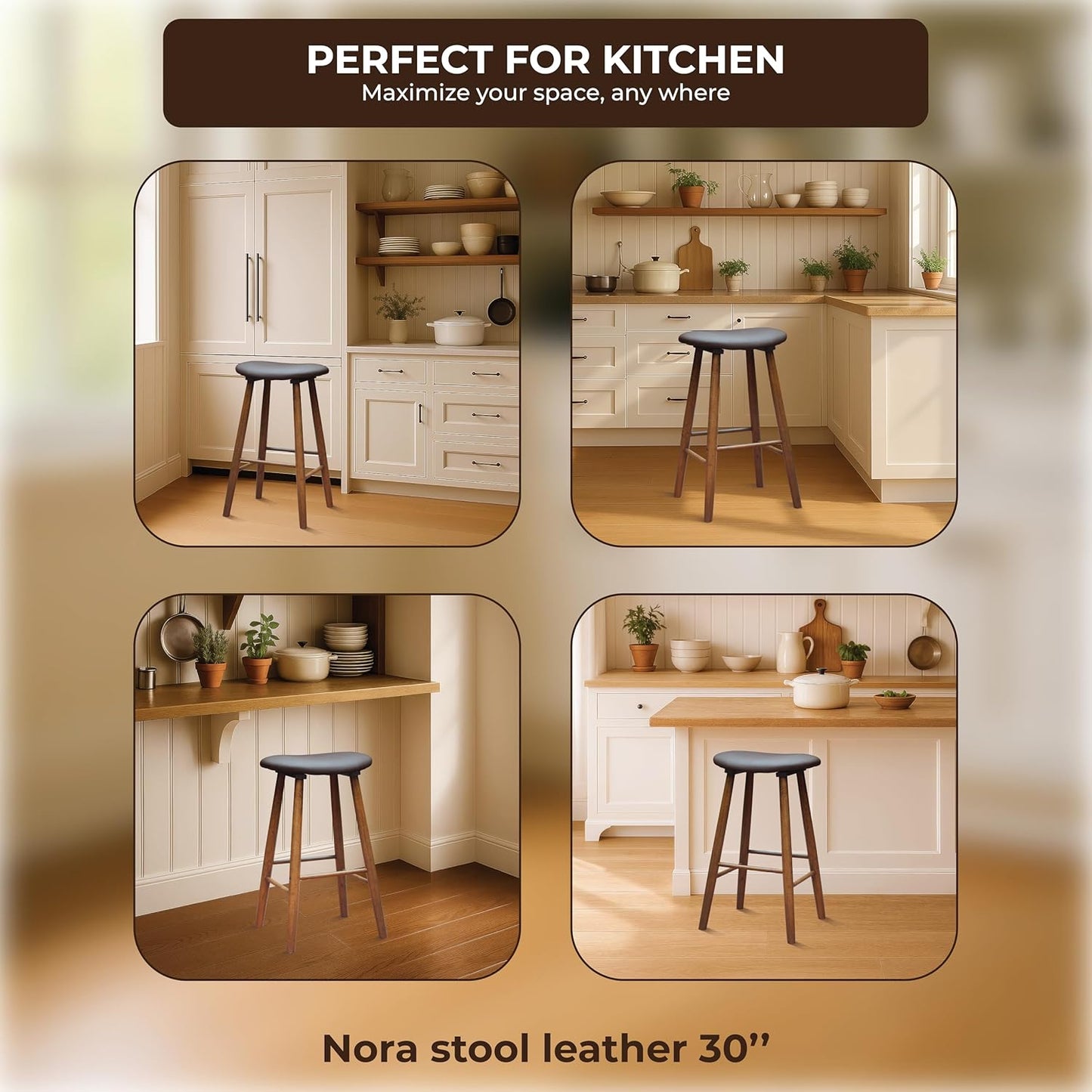 Nora 30" Upholstered Bar Stool, Backless Saddle Seat with Faux Leather Cushion, Solid Rubber Wood Frame in Brown Finish, Ideal for Kitchen Island or Home Bar Use