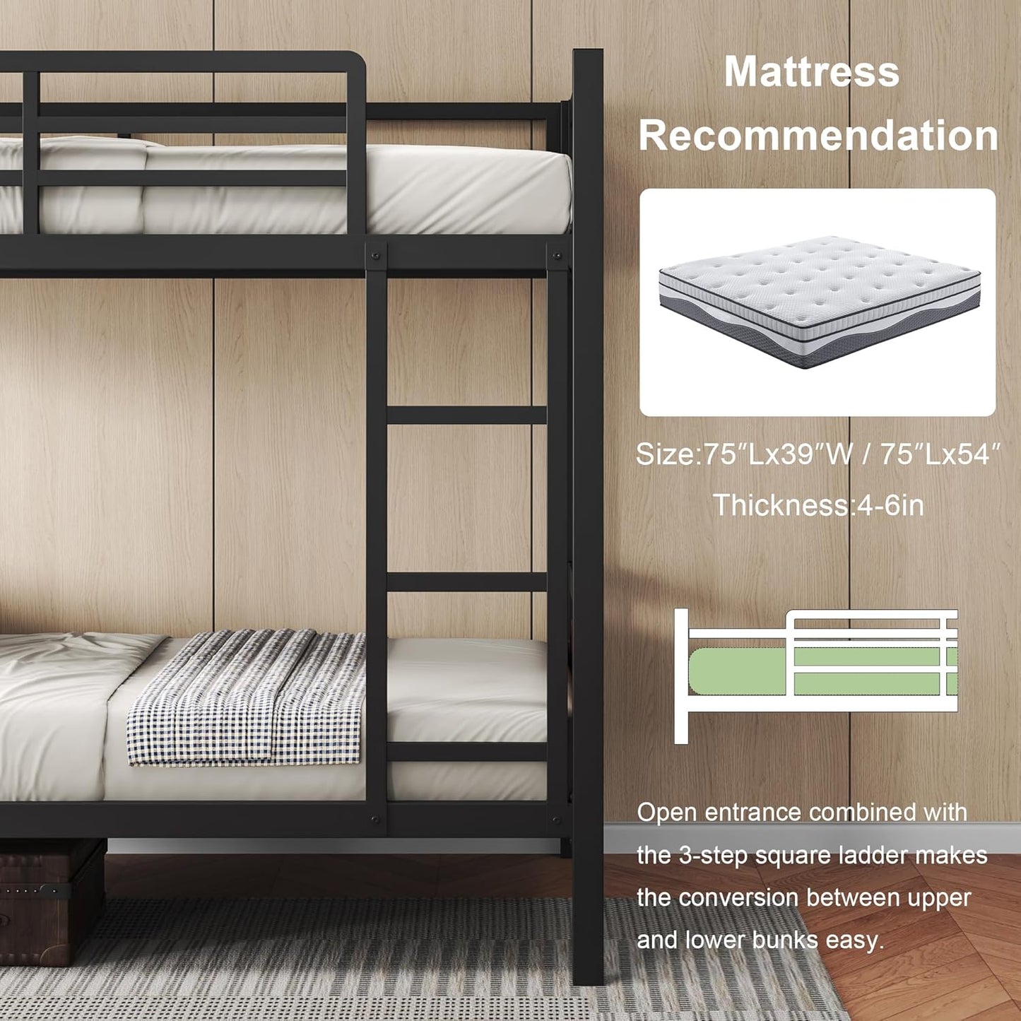 Feonase Metal Twin Over Twin Bunk Bed with Ladder and High Guardrail, Heavy-Duty Metal Slats Support, Noise Free, No Box Spring Needed, for Kids and Juniors, Black