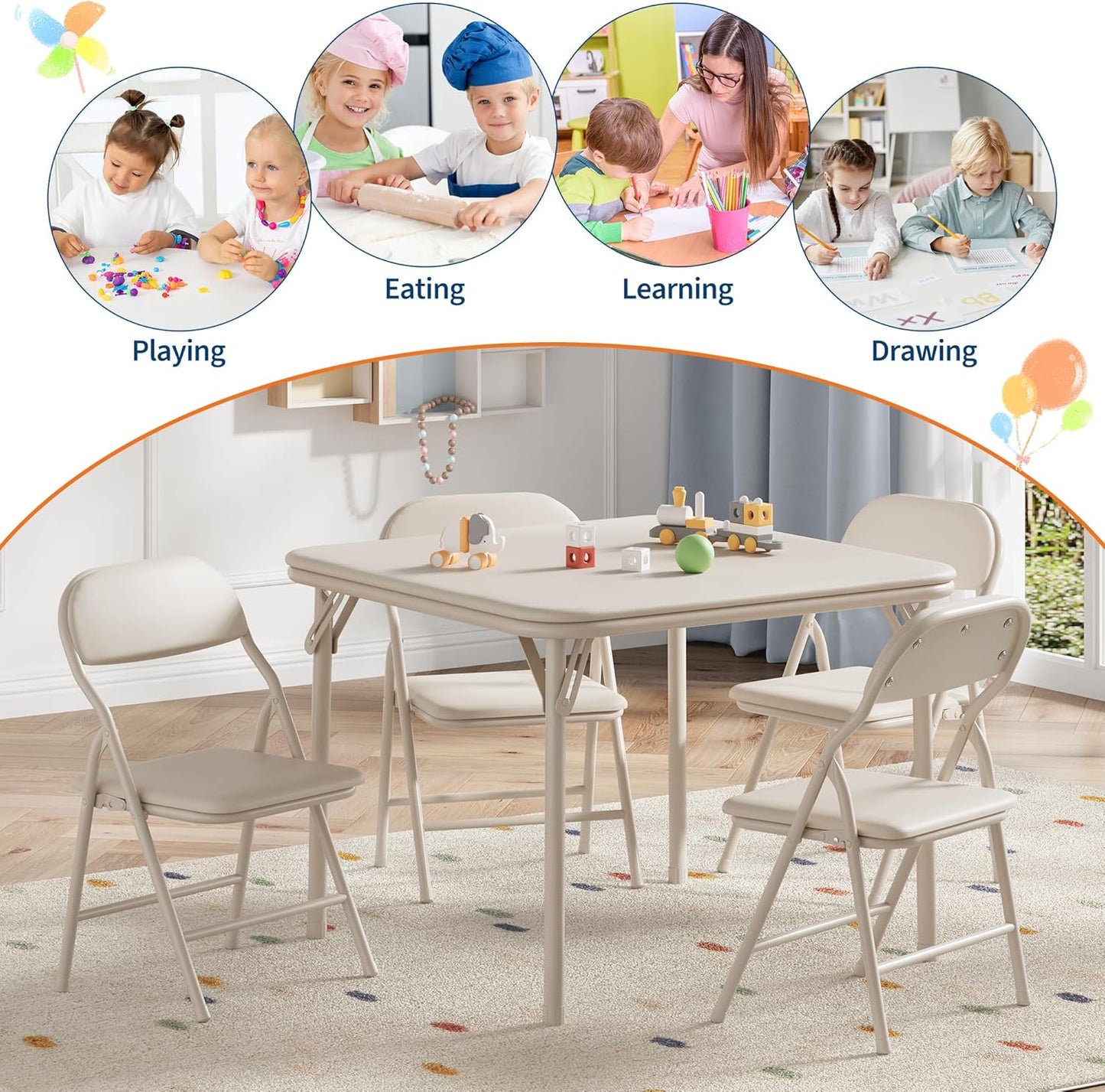 GarveeHome 3-Piece Kids Folding Table and Chairs Set, Toddlers Children's Activity Table and Chairs Set for Dining Room,Daycare,Classrooms